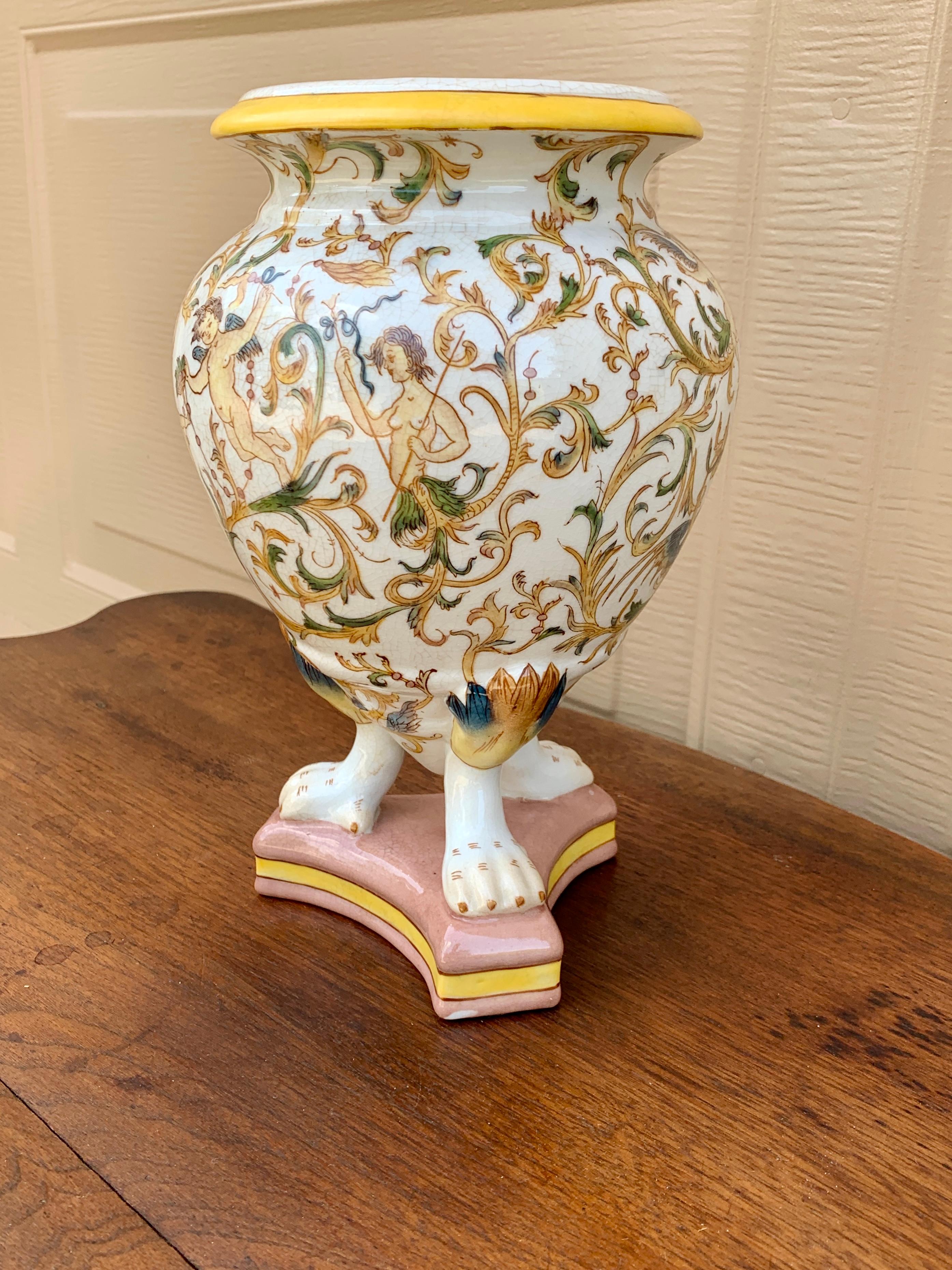 Unknown Neoclassical Painted Faience Allegorical Vase With Paw Feet For Sale