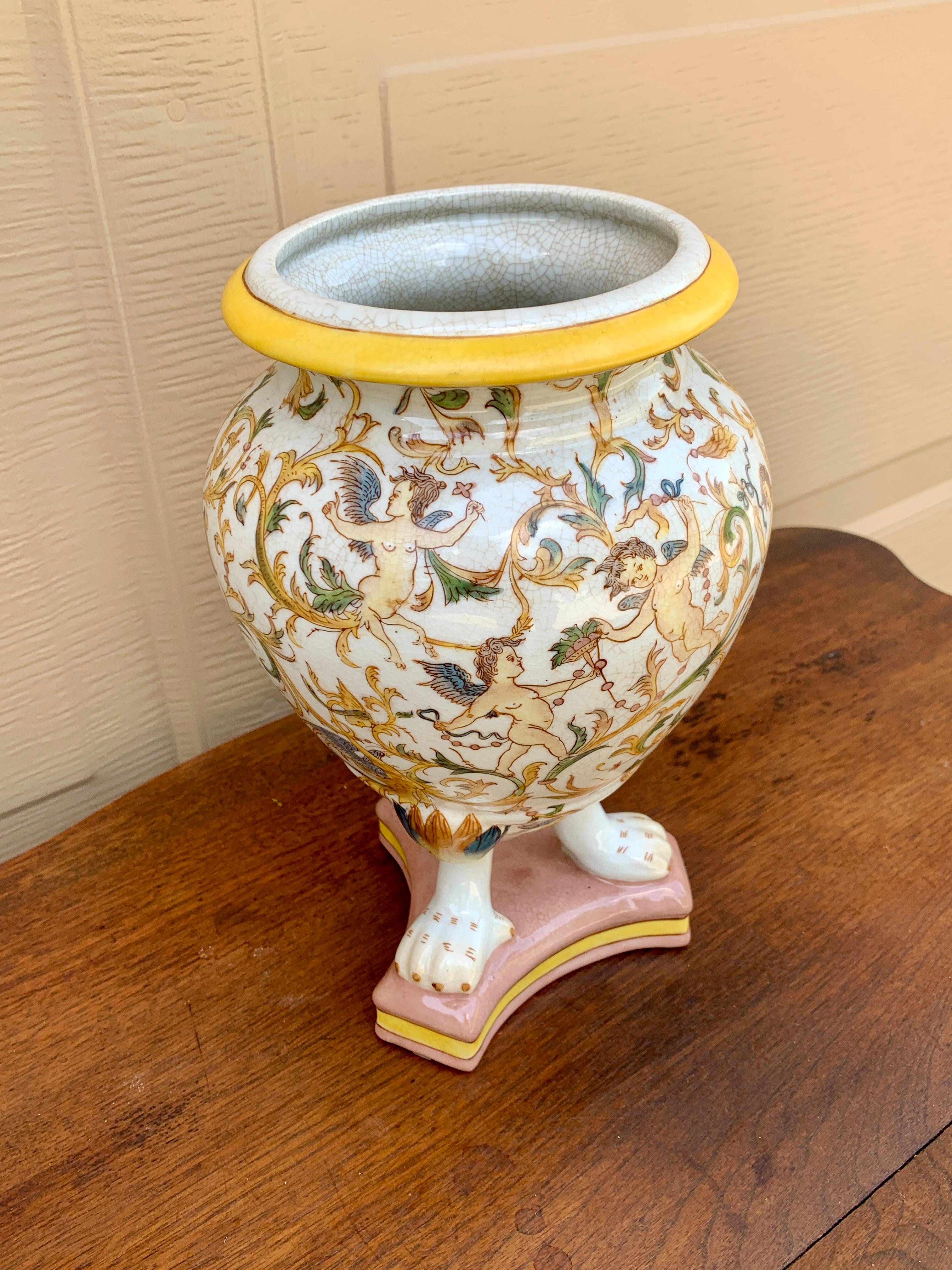 Neoclassical Painted Faience Allegorical Vase With Paw Feet In Good Condition For Sale In Elkhart, IN