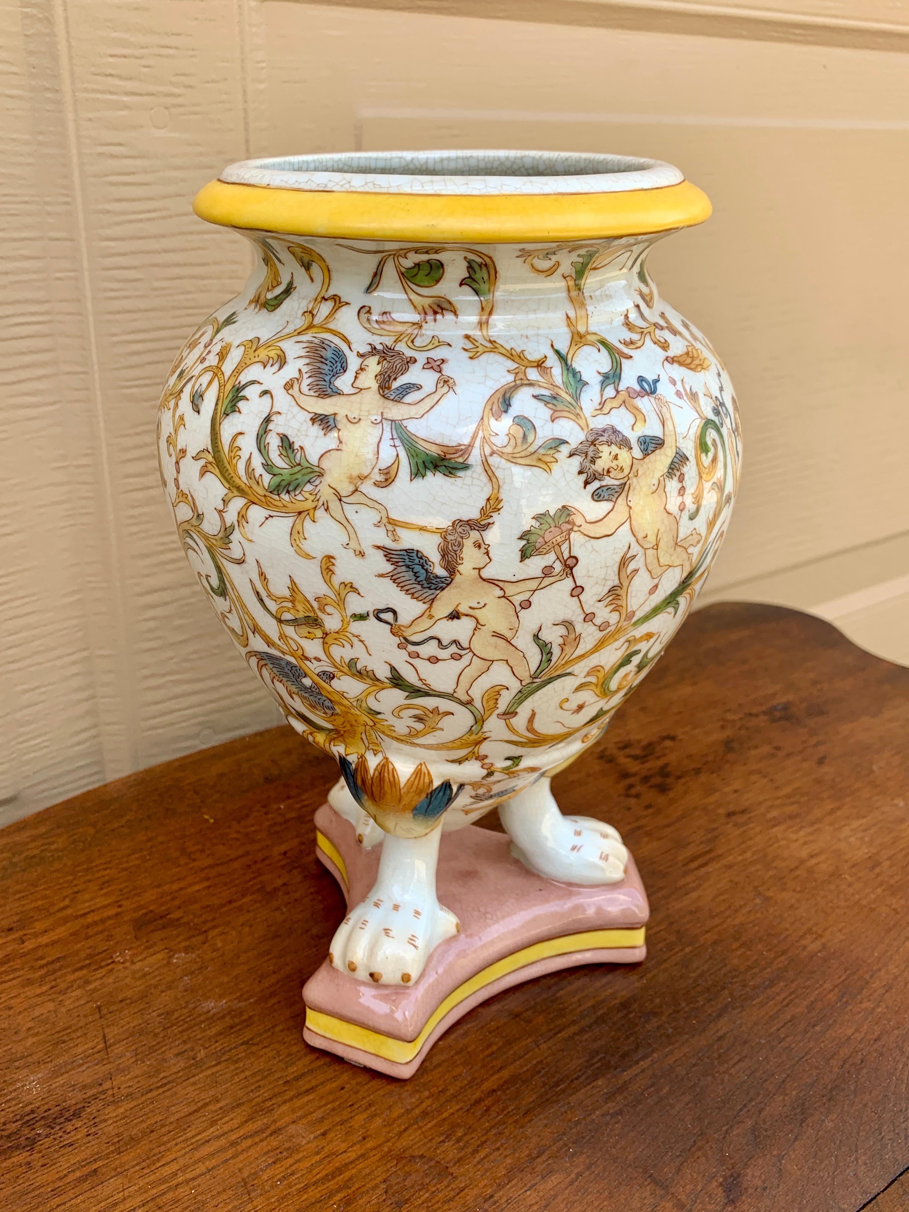20th Century Neoclassical Painted Faience Allegorical Vase With Paw Feet For Sale