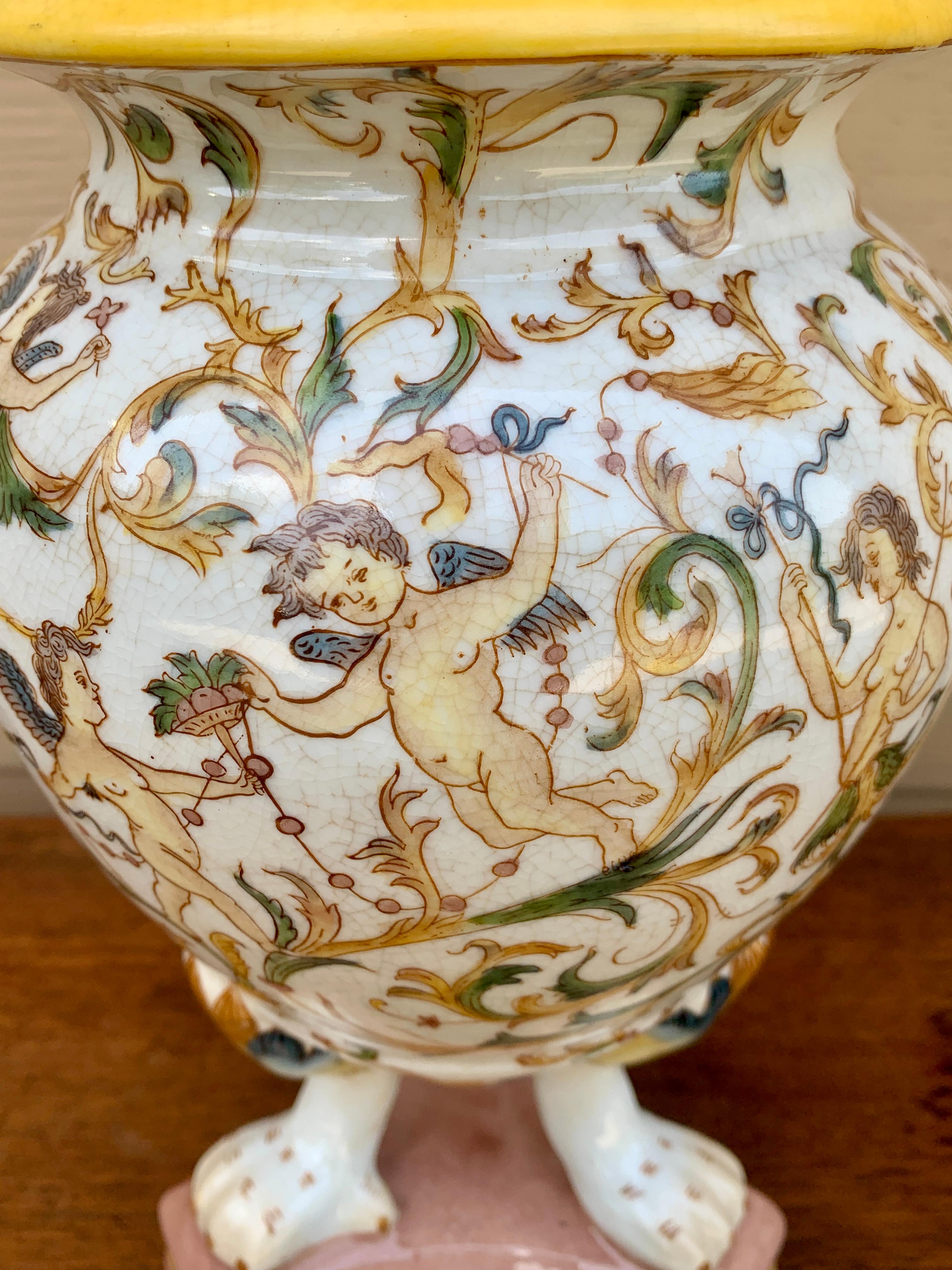 Ceramic Neoclassical Painted Faience Allegorical Vase With Paw Feet For Sale