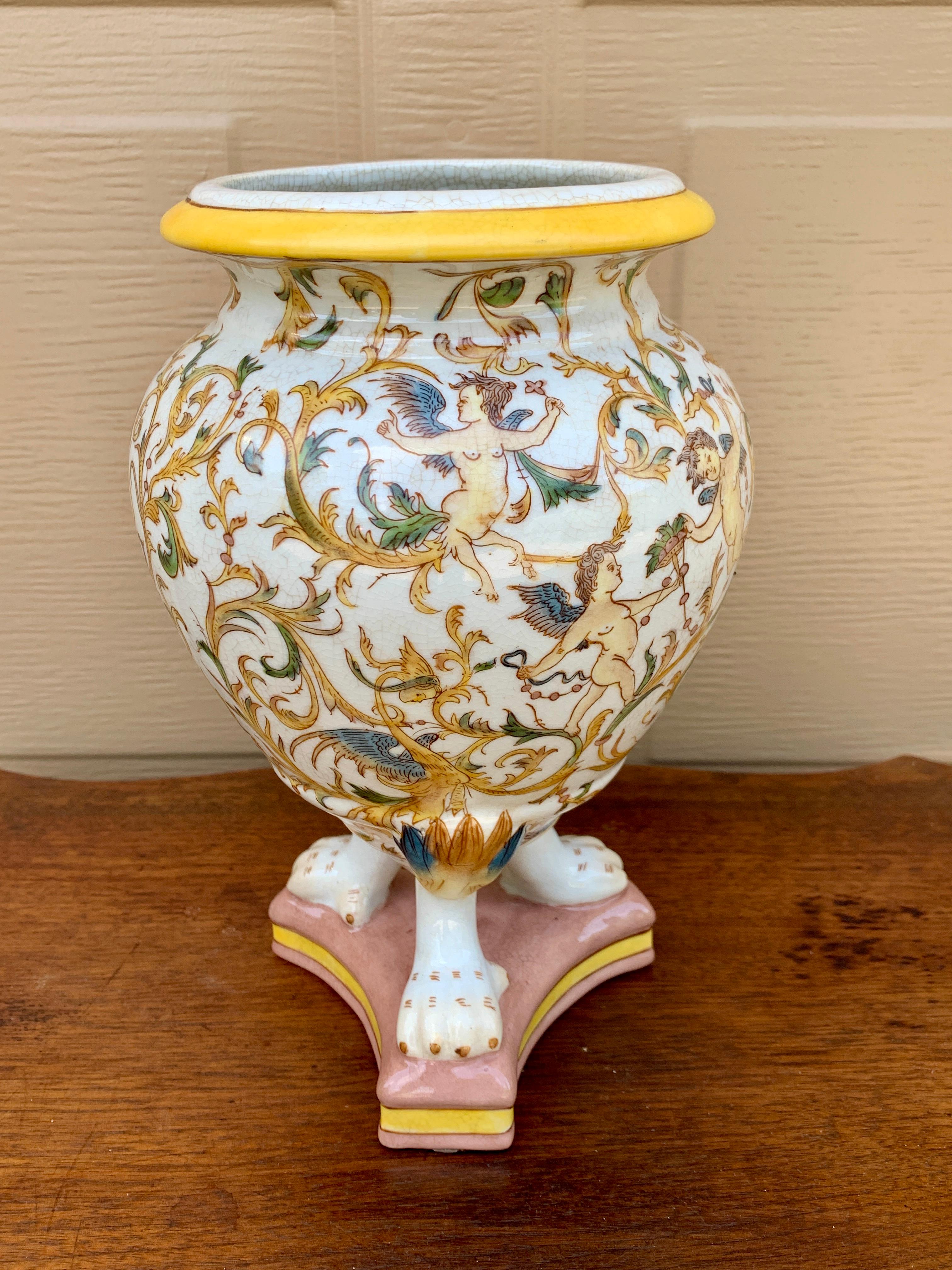 Neoclassical Painted Faience Allegorical Vase With Paw Feet For Sale 2