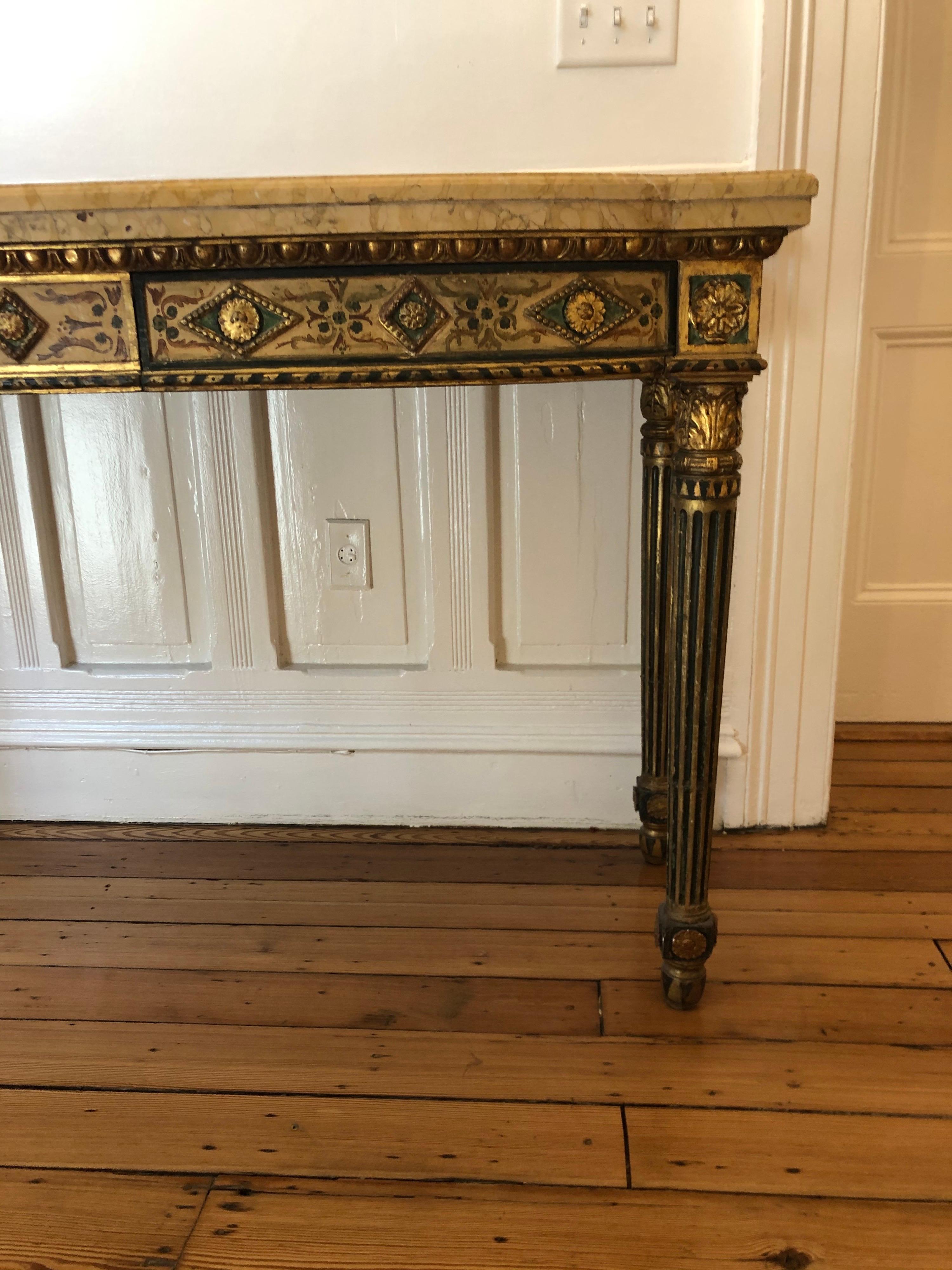 Wood Neoclassical Painted Italian Marble Top  Console, 18th Century For Sale
