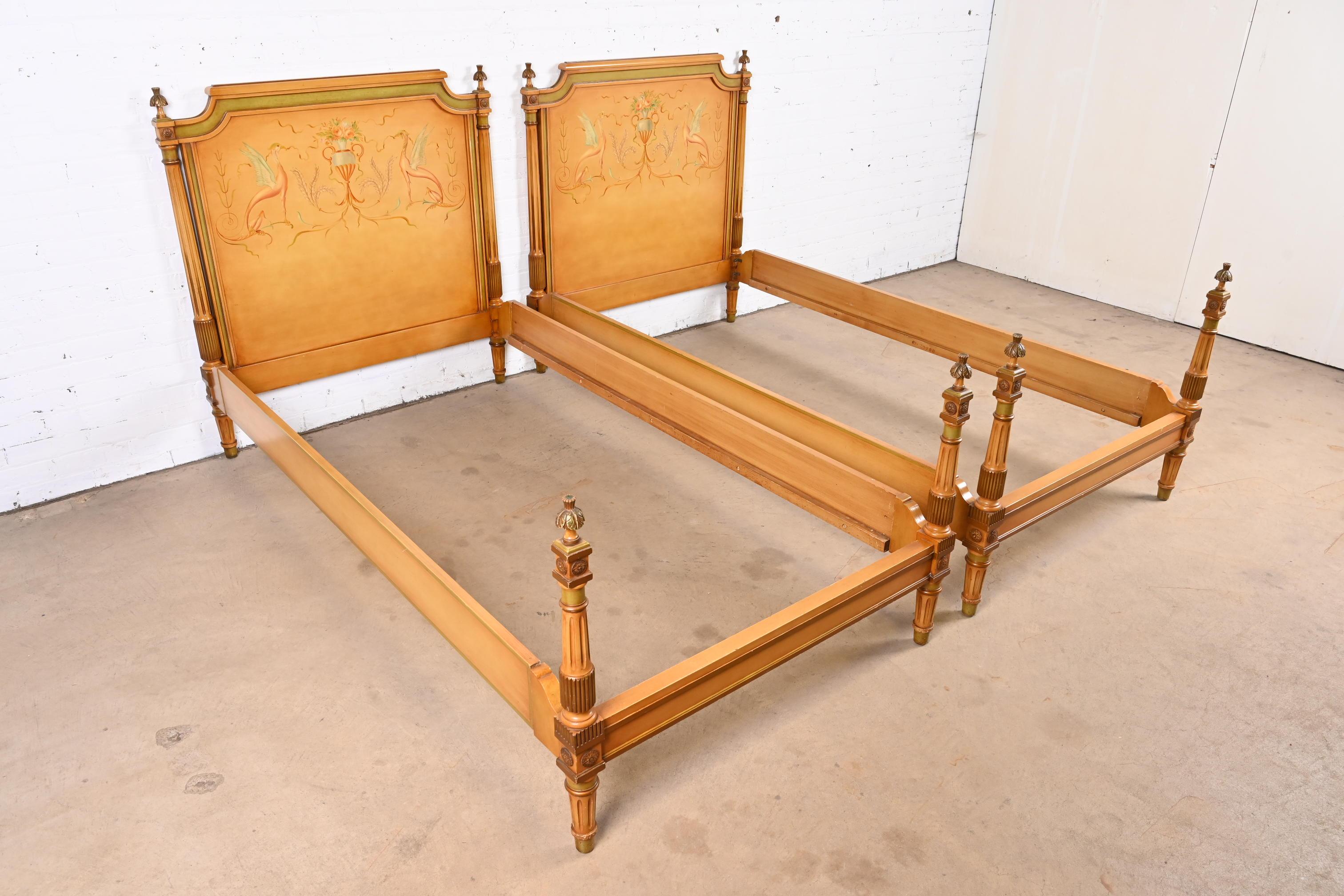 Mahogany Neoclassical Painted Parcel-Gilt Twin Size Beds in the Manner of Grosfeld House