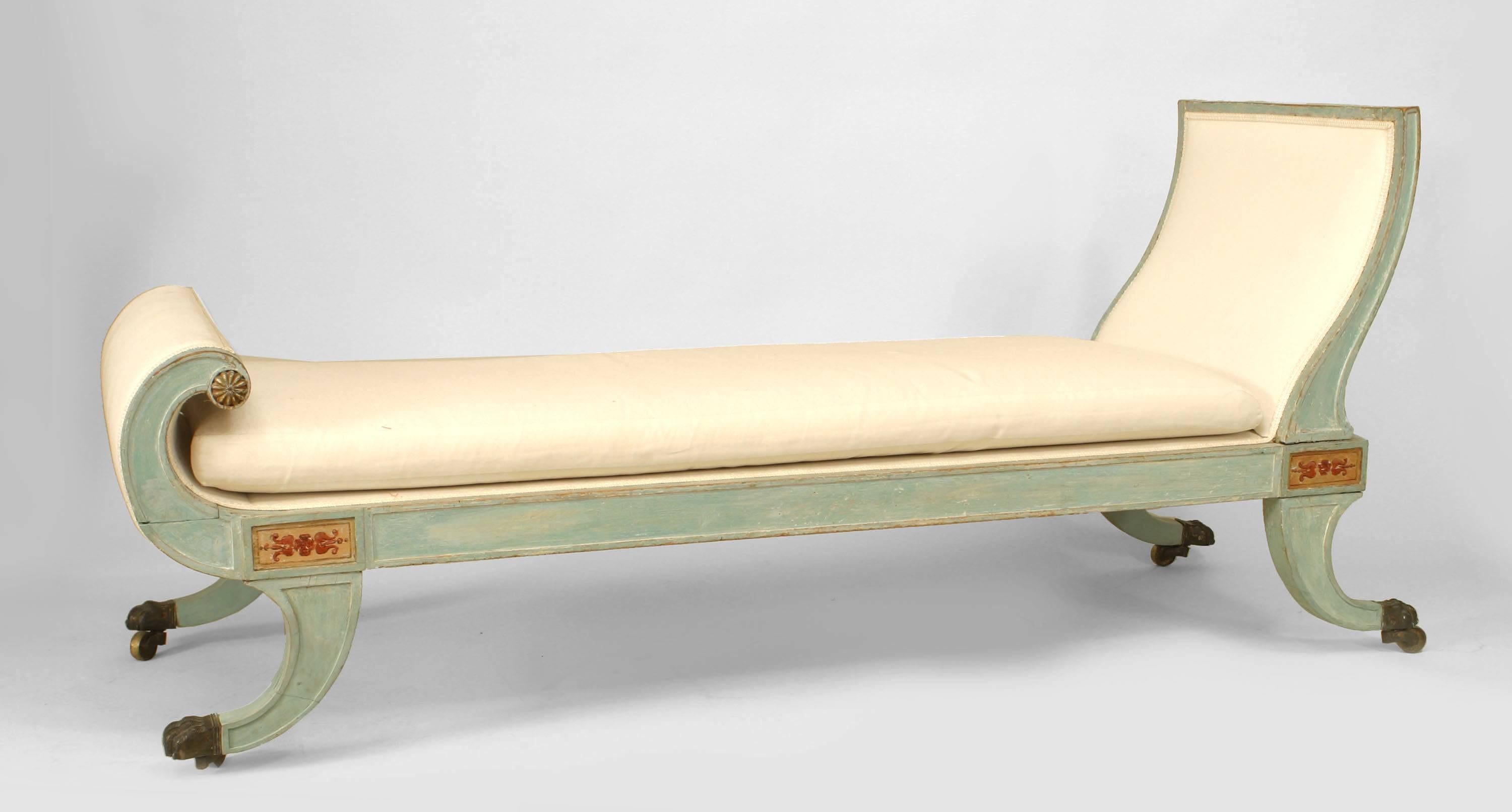 Italian Neo-classic (Possibly Swedish-18th Century) light blue painted and decorated r√©camier with roll design front and sleigh form back.
