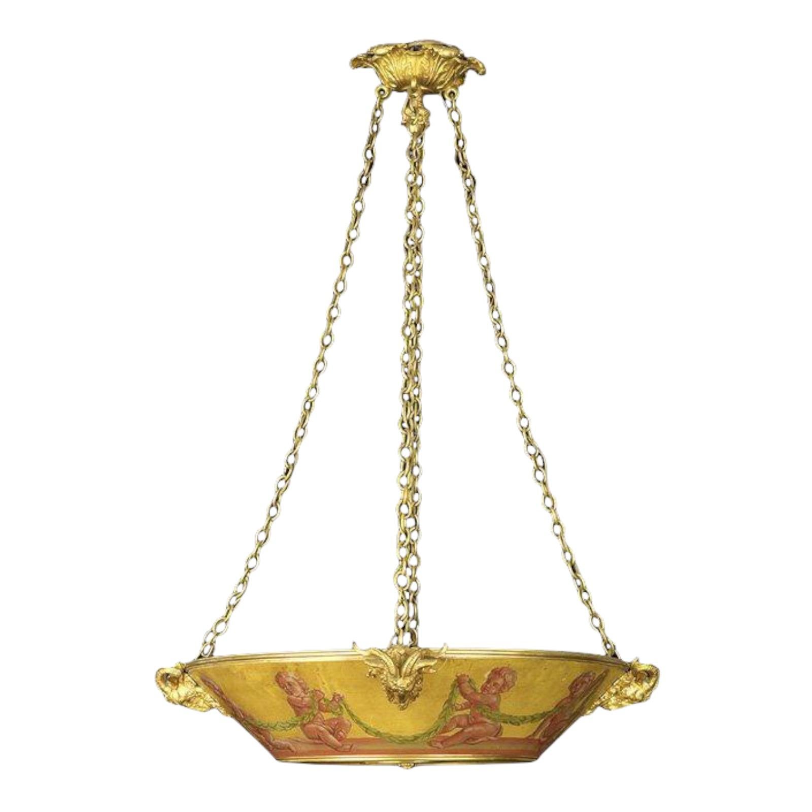 Hand-Painted Neoclassical Painted Tole and Bronze Chandelier Attributed to Caldwell 