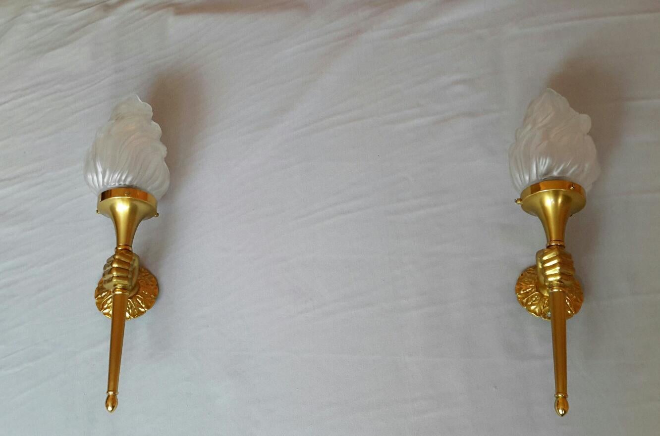 Glass Neoclassical Pair of Big Gilt Bronze Sconces by Maison Bagues, France, 1960 For Sale