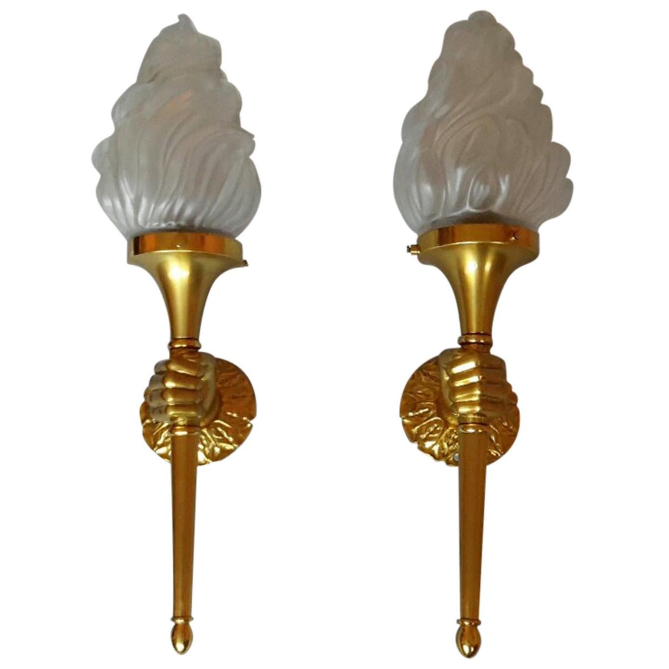 Neoclassical Pair of Big Gilt Bronze Sconces by Maison Bagues, France, 1960