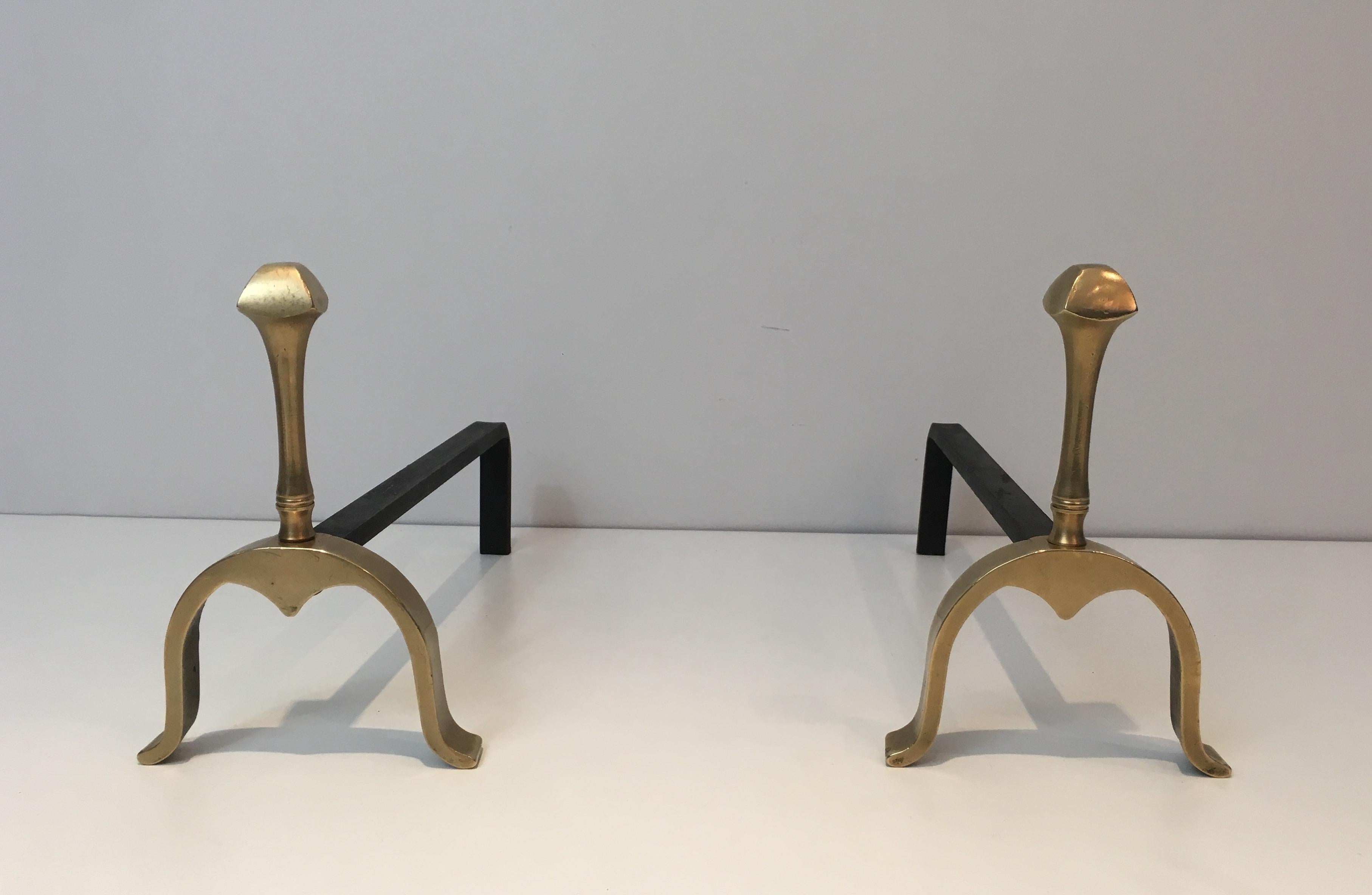 Neoclassical Pair of Brass and Iron Andirons, circa 1970 7