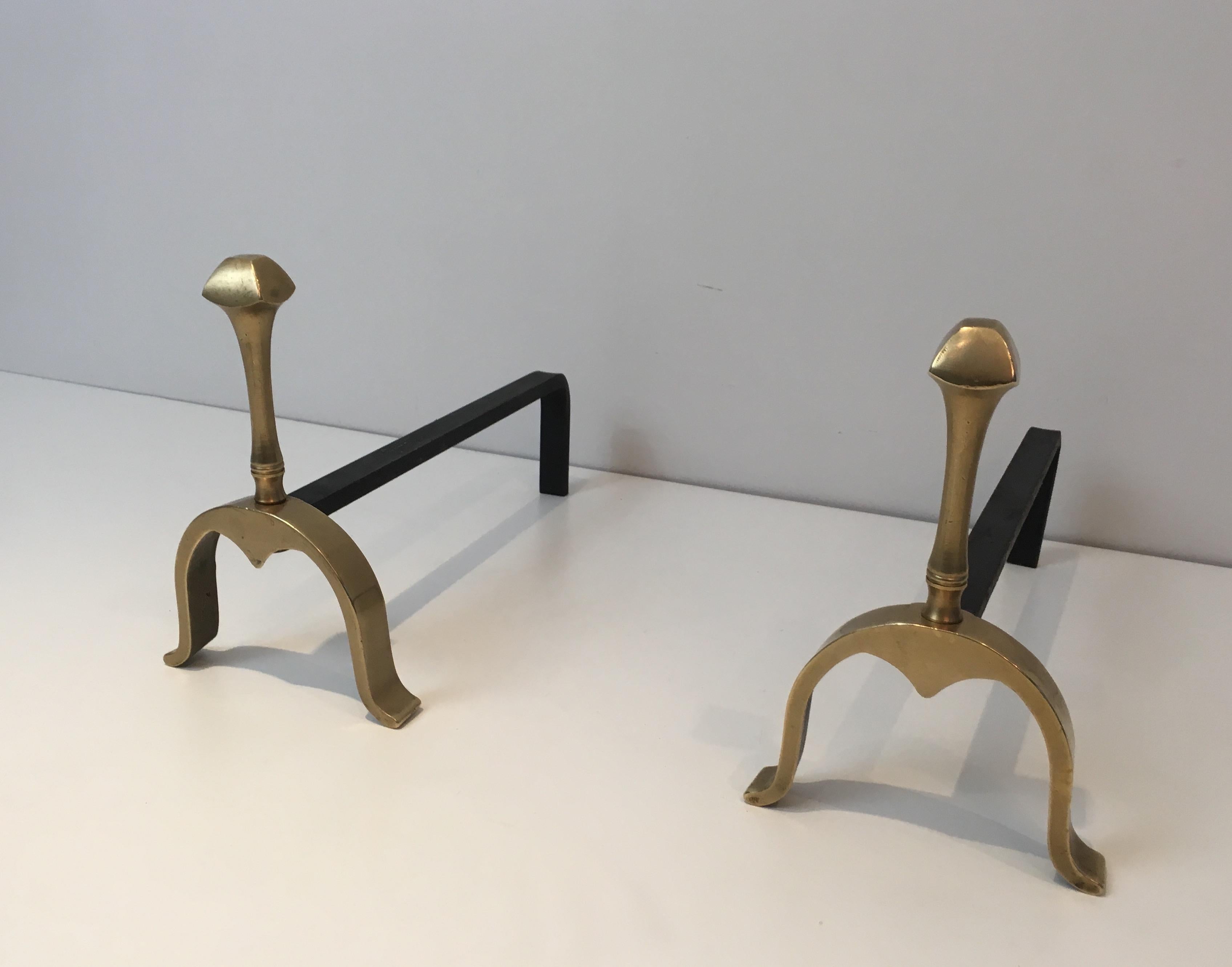 Late 20th Century Neoclassical Pair of Brass and Iron Andirons, circa 1970