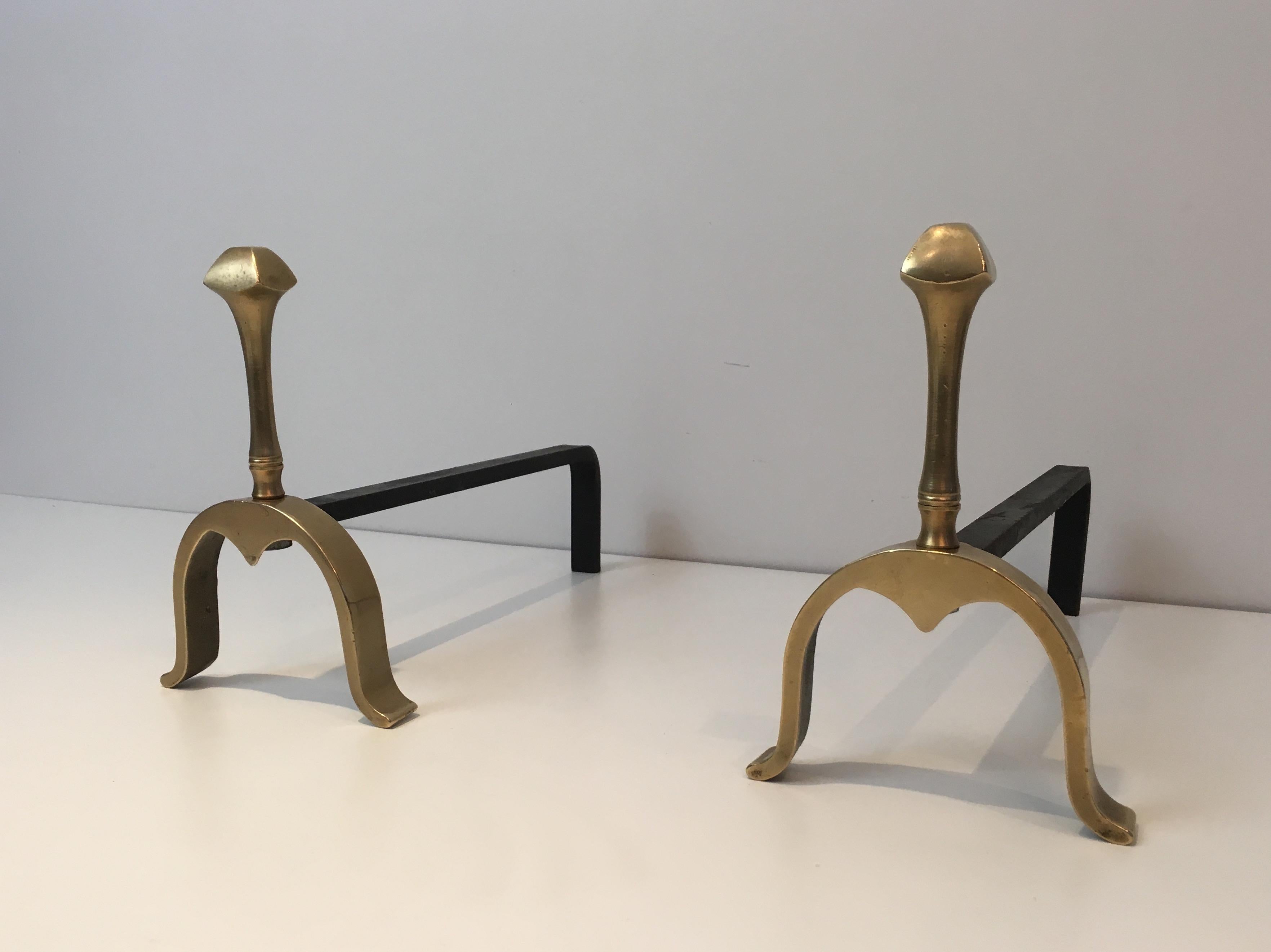 Neoclassical Pair of Brass and Iron Andirons, circa 1970 1
