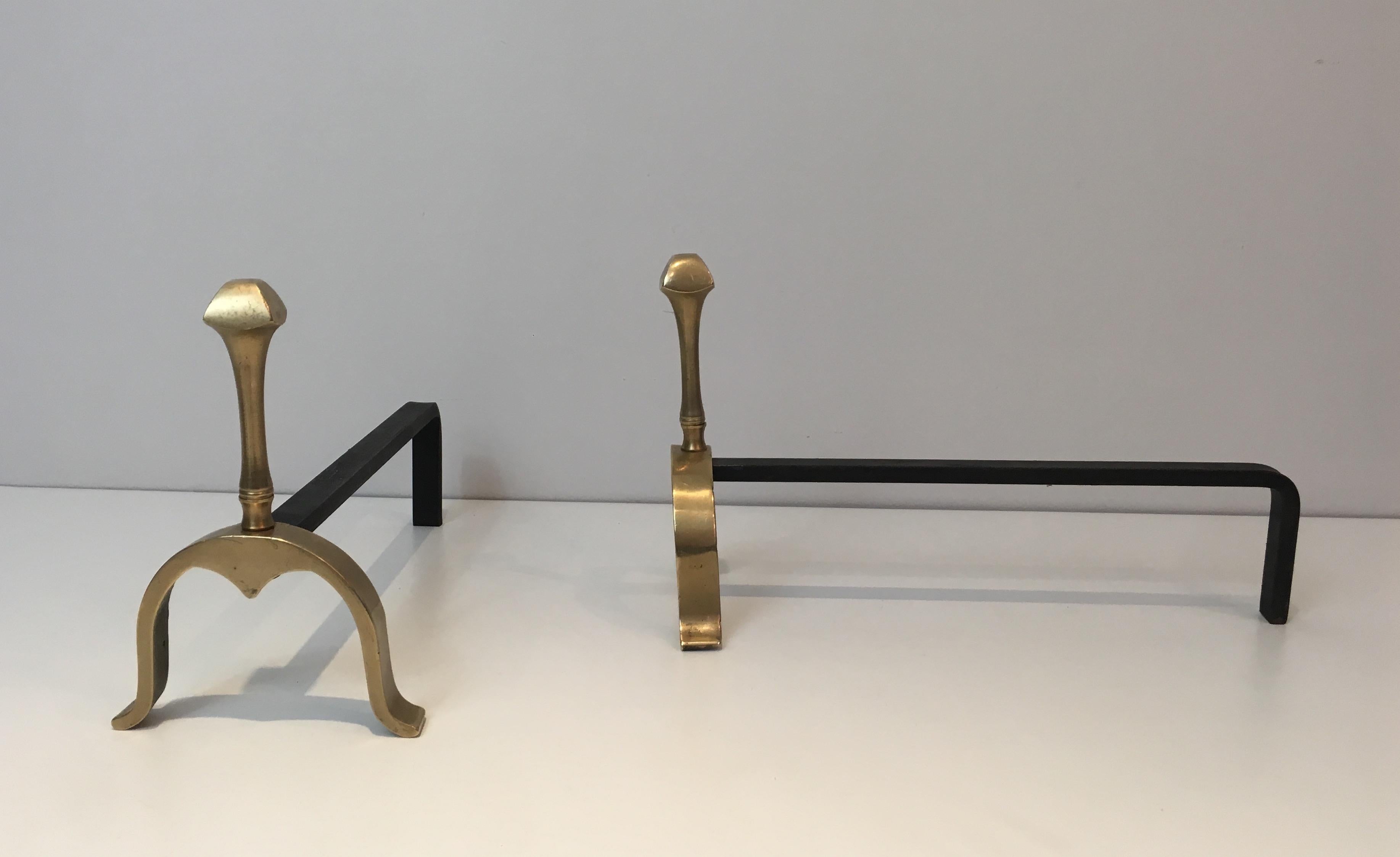 Neoclassical Pair of Brass and Iron Andirons, circa 1970 2