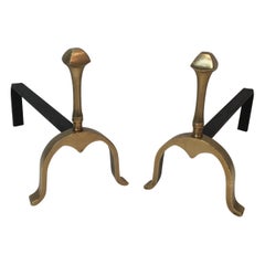 Neoclassical Pair of Brass and Iron Andirons, circa 1970