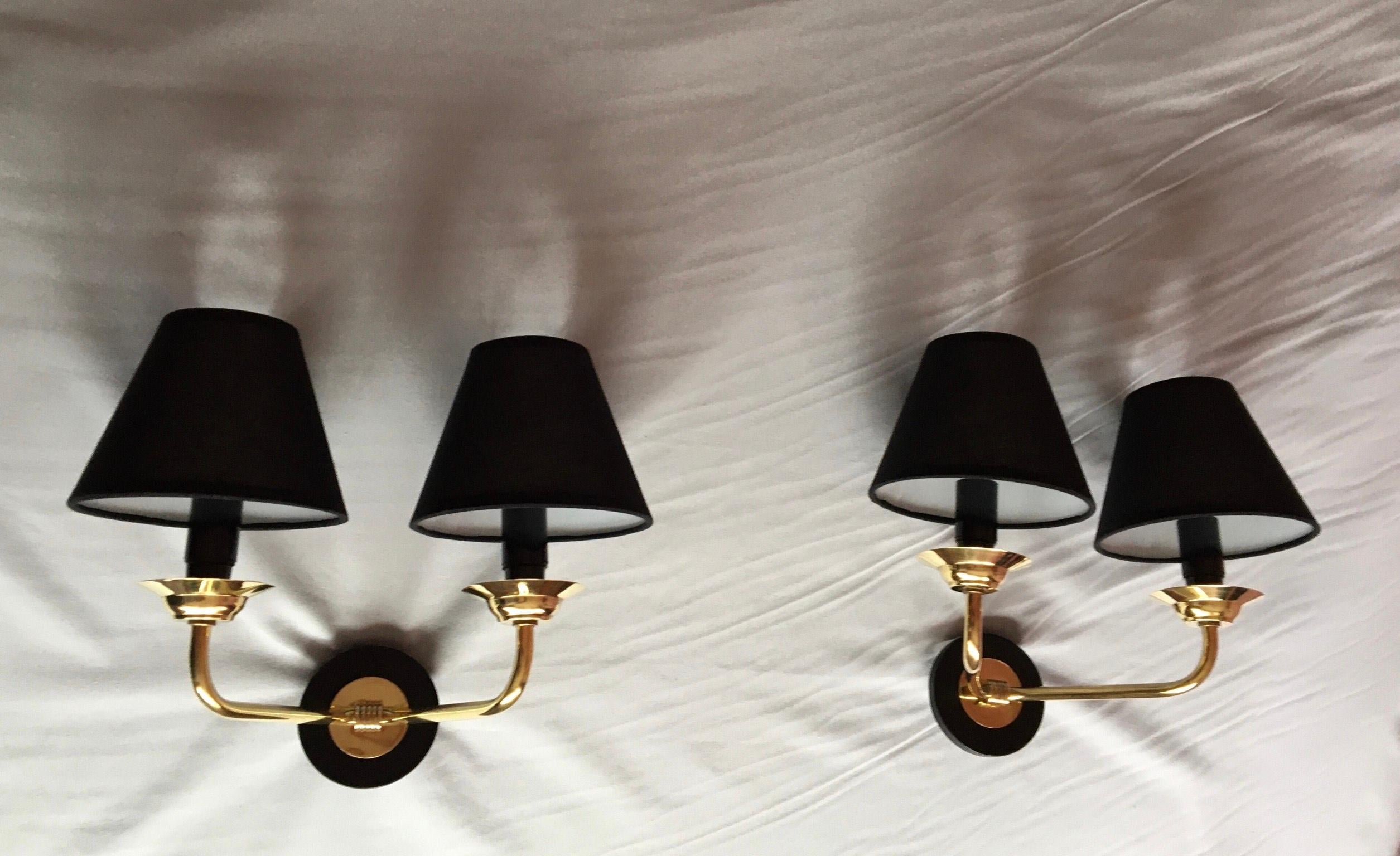 Gilt Neoclassical Pair of Brass Double Sconces Maison Jansen Style, France 1950 For Sale