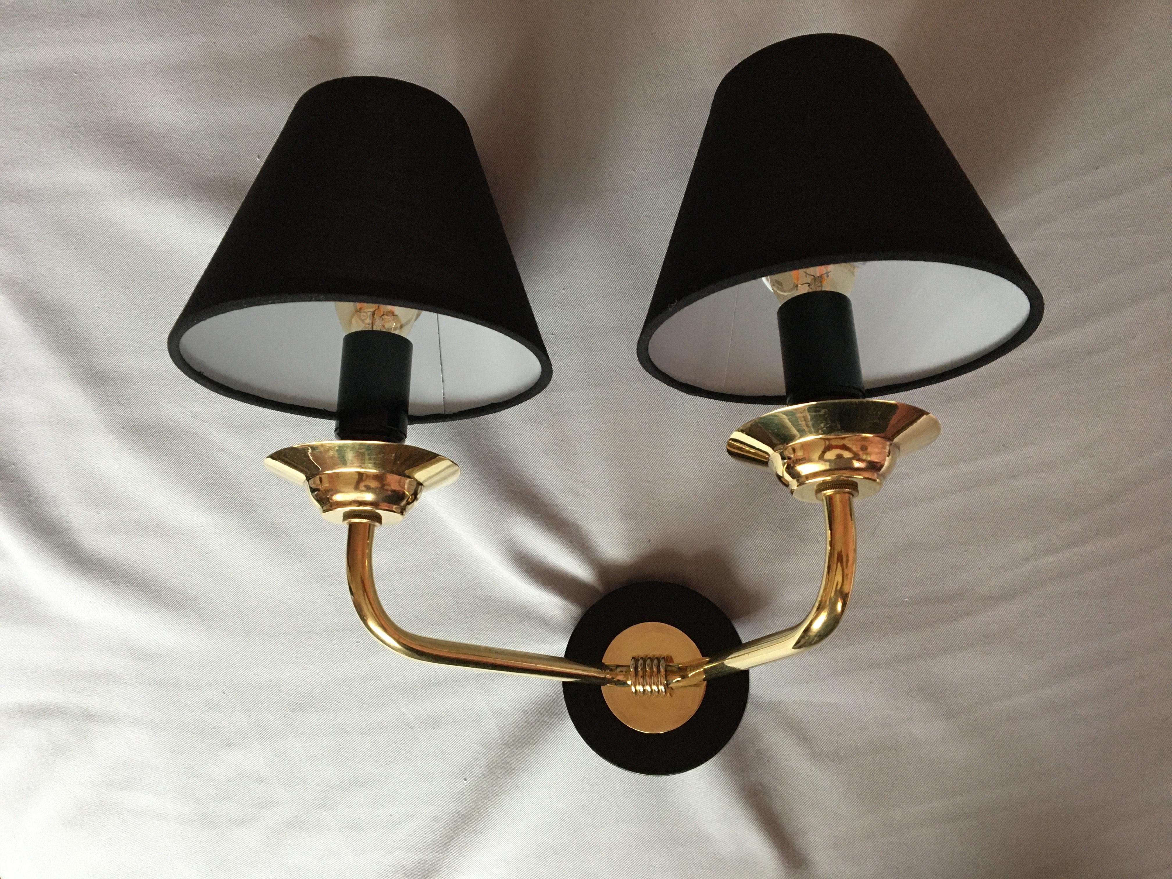 Mid-20th Century Neoclassical Pair of Brass Double Sconces Maison Jansen Style, France 1950 For Sale