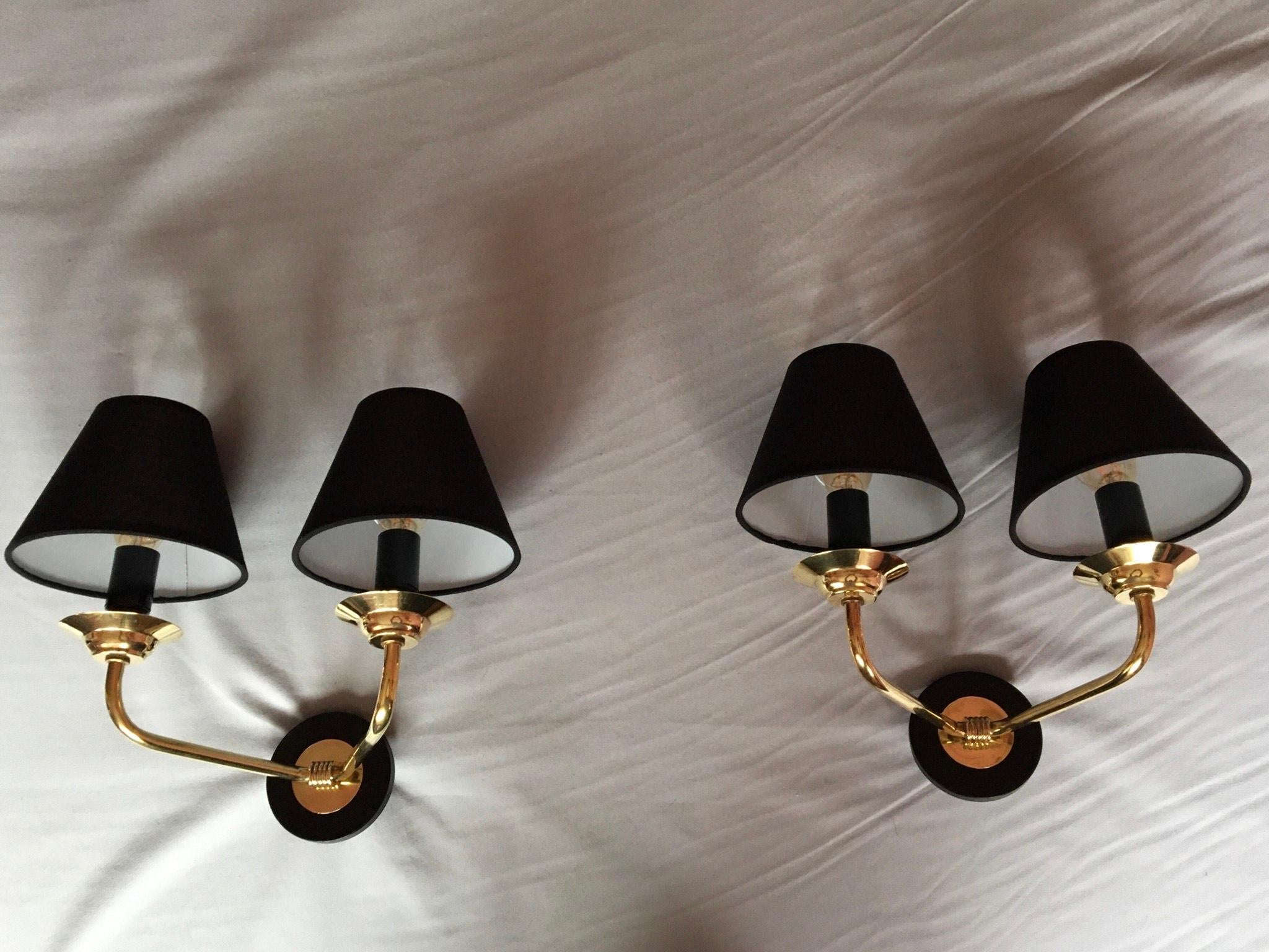 Neoclassical Pair of Brass Double Sconces Maison Jansen Style, France 1950 For Sale 1