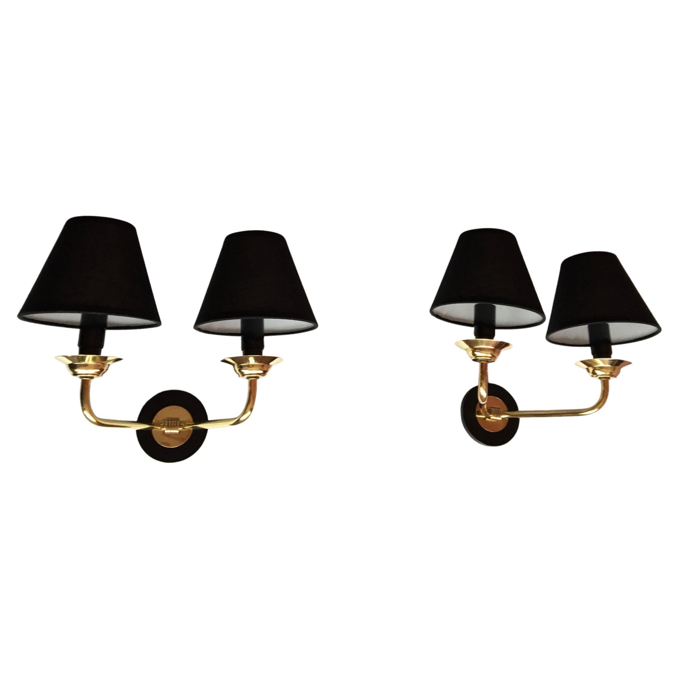 Neoclassical Pair of Brass Double Sconces Maison Jansen Style, France 1950 For Sale