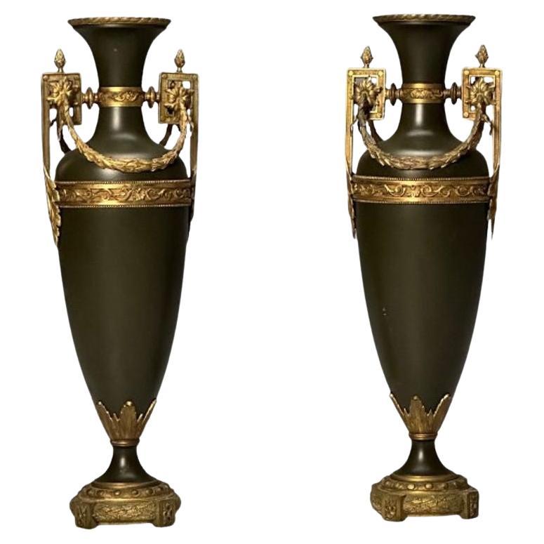 Neoclassical, Pair of Large Urns, Gilt Bronze, Green Painted Metal, 1970s