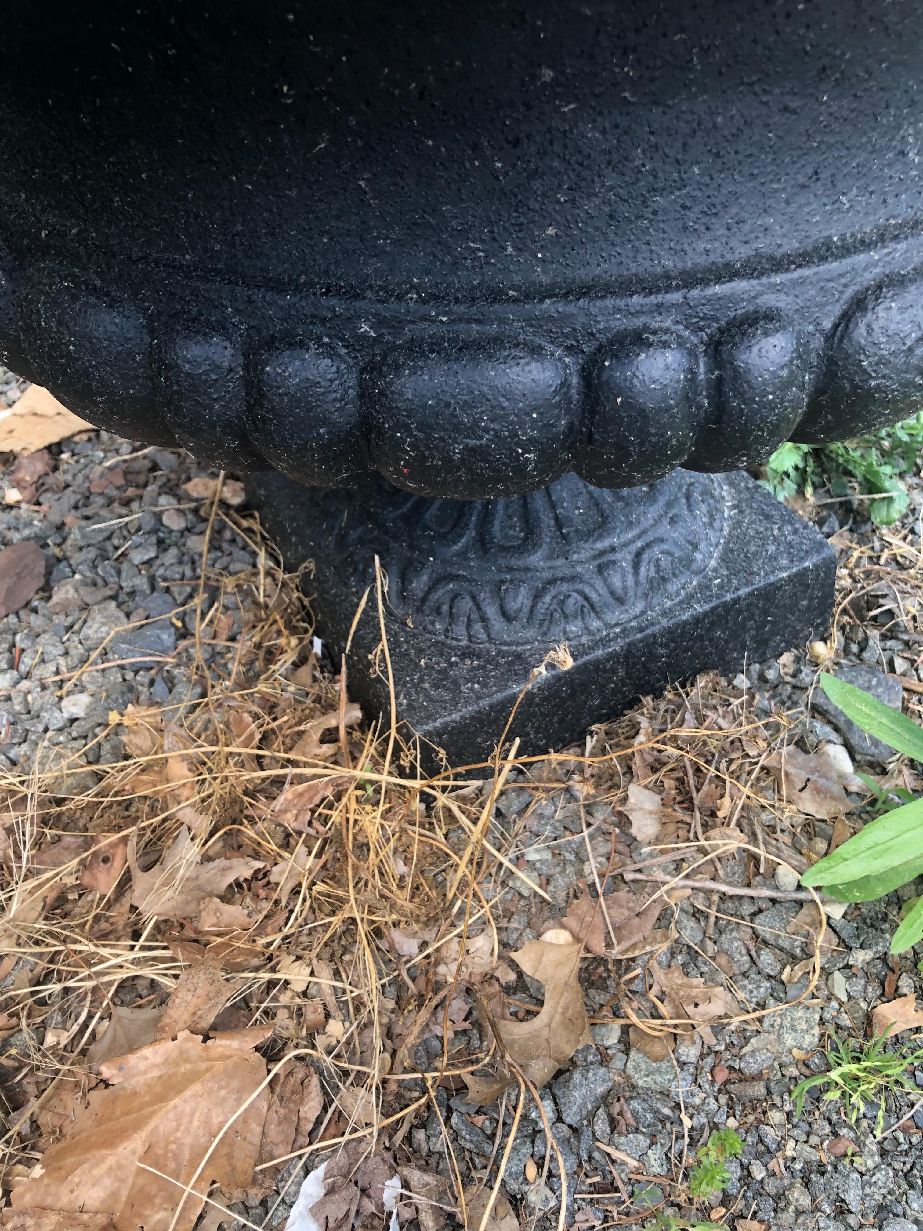 Neoclassical Pair of Newly Painted Black Iron Planters Urns with Fancy Handles In Good Condition For Sale In Hopewell, NJ