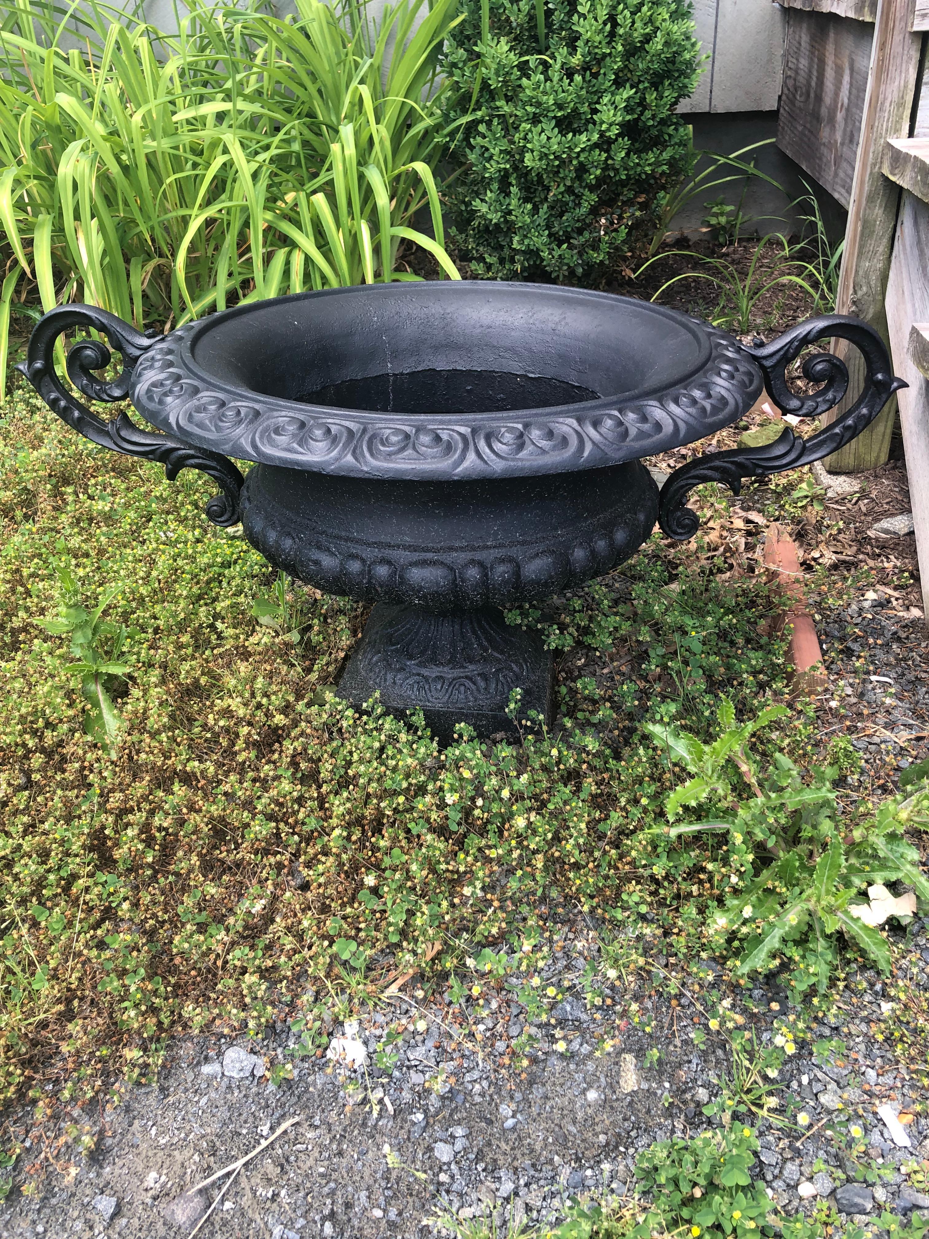 Neoclassical Pair of Newly Painted Black Iron Planters Urns with Fancy Handles For Sale 4