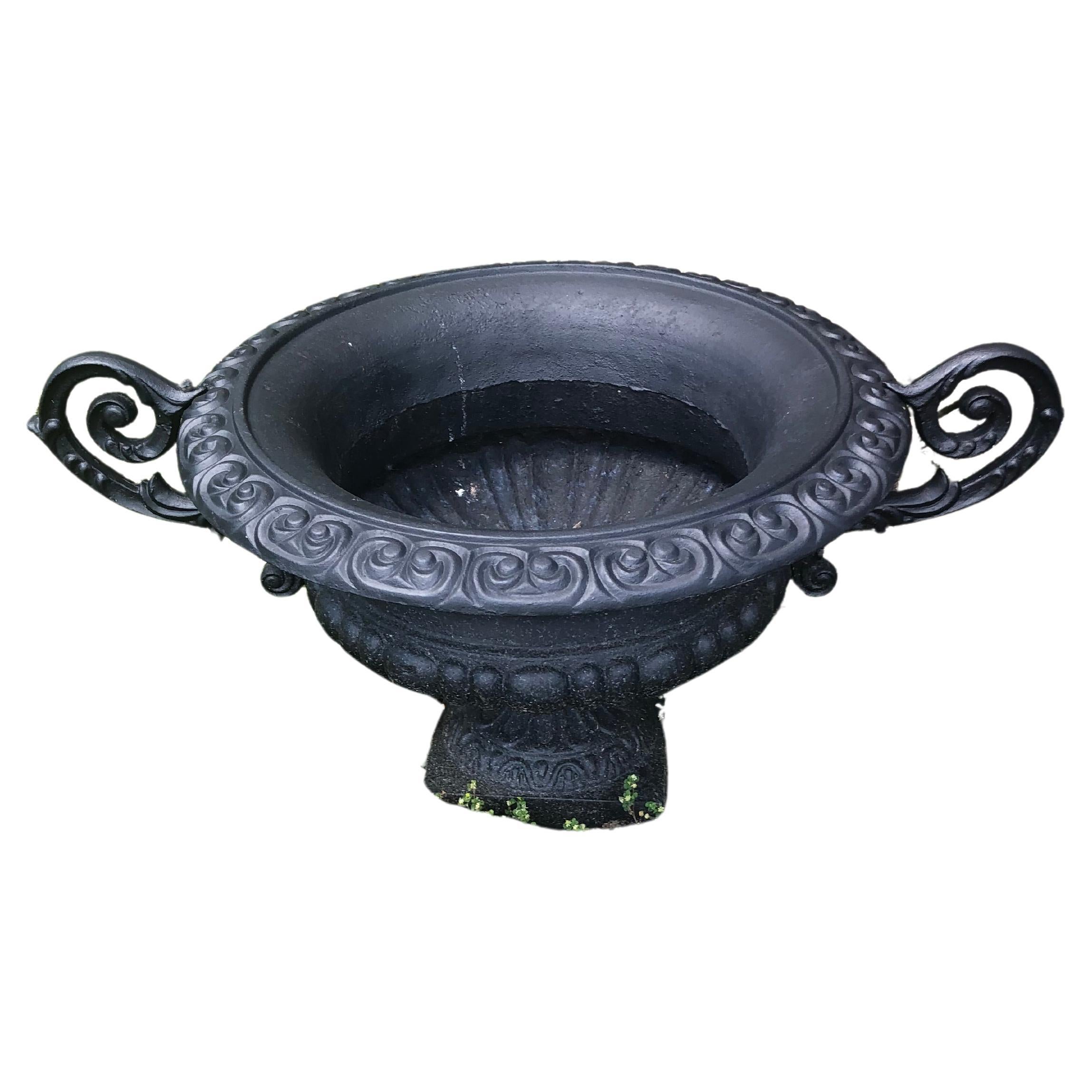 Neoclassical Pair of Newly Painted Black Iron Planters Urns with Fancy Handles