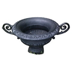 Vintage Neoclassical Pair of Newly Painted Black Iron Planters Urns with Fancy Handles
