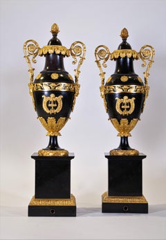 Neoclassical Pair of Patinated and Dore Bronze Empire Covered Urns