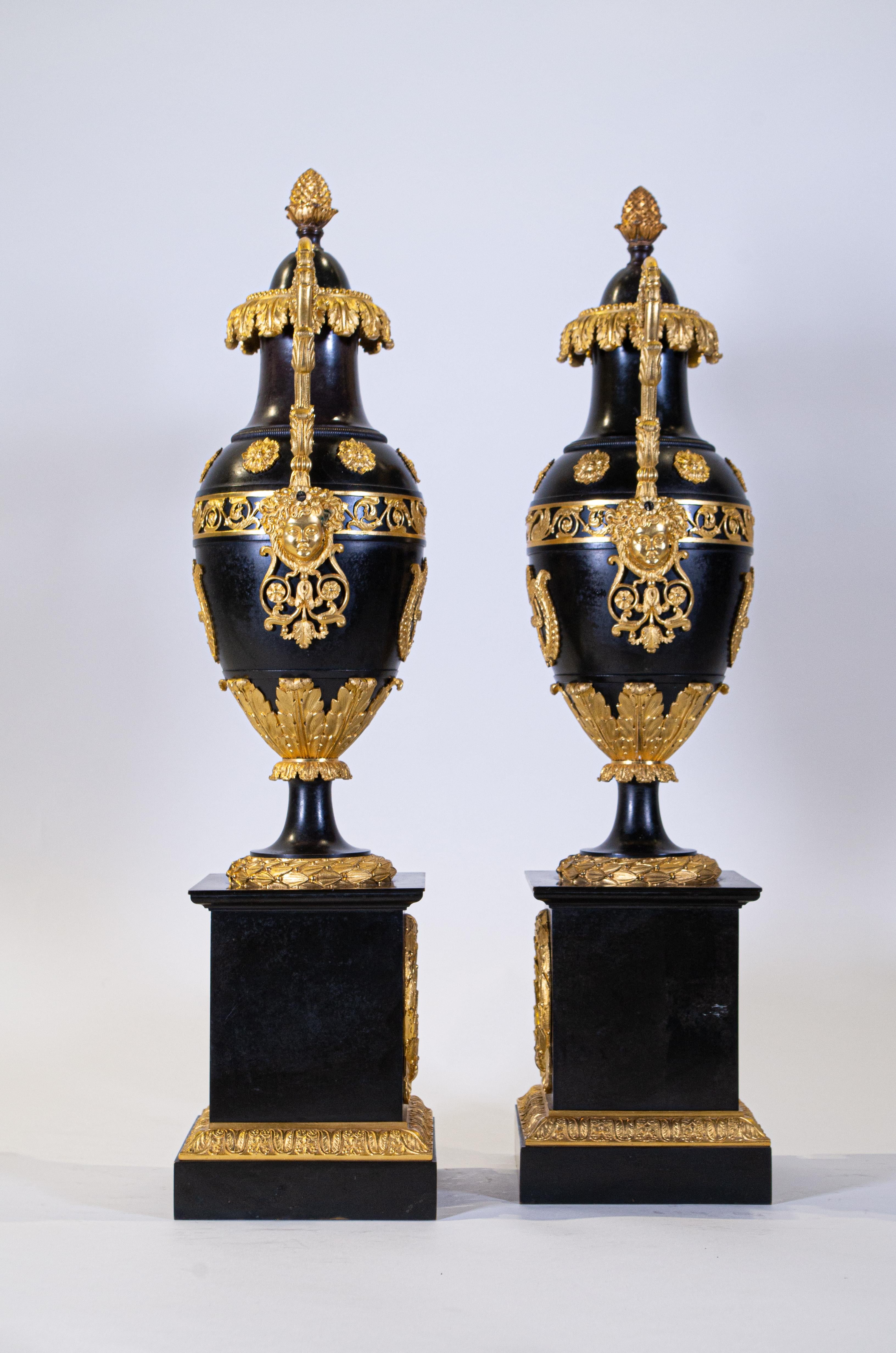 French Neoclassical Pair of Patinated and Dore Bronze Empire Covered Urns For Sale