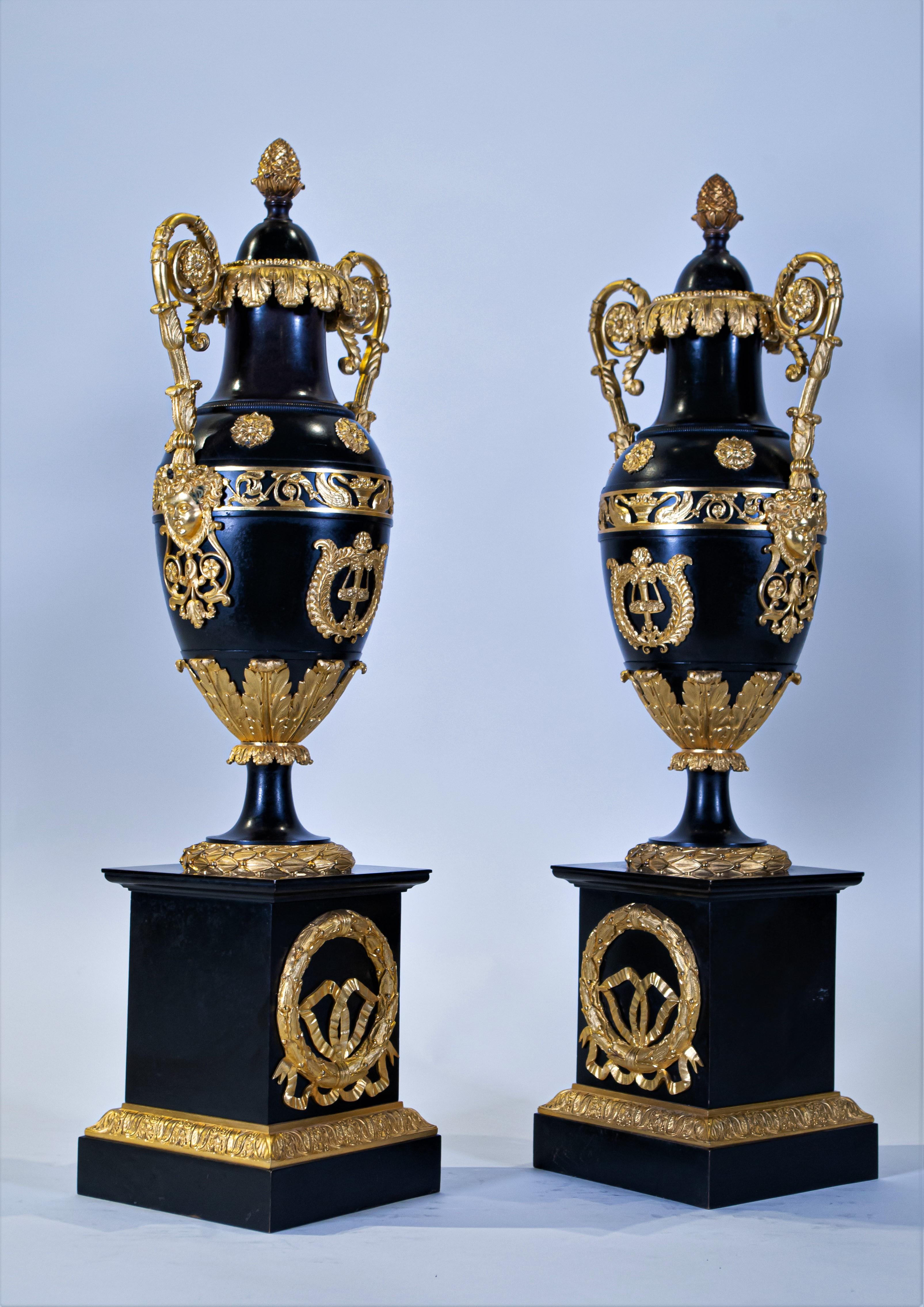 Gilt Neoclassical Pair of Patinated and Dore Bronze Empire Covered Urns For Sale