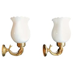 Neoclassical Pair of Sconces Golden Fishand Opaline Glass, France, 1950