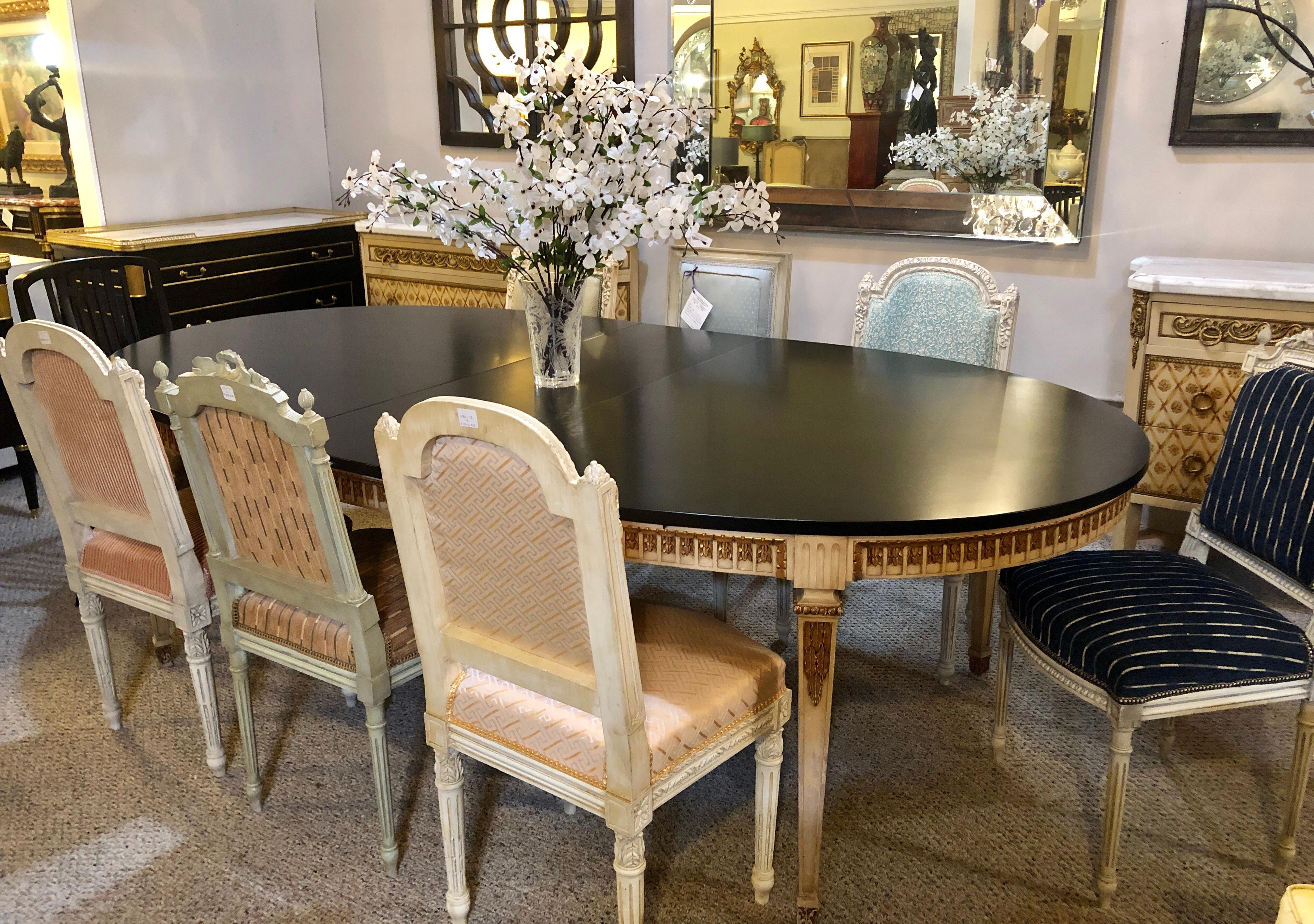 Neoclassical Parcel-Gilt and Paint Decorated Dining Table with Ebony Finish Top 3