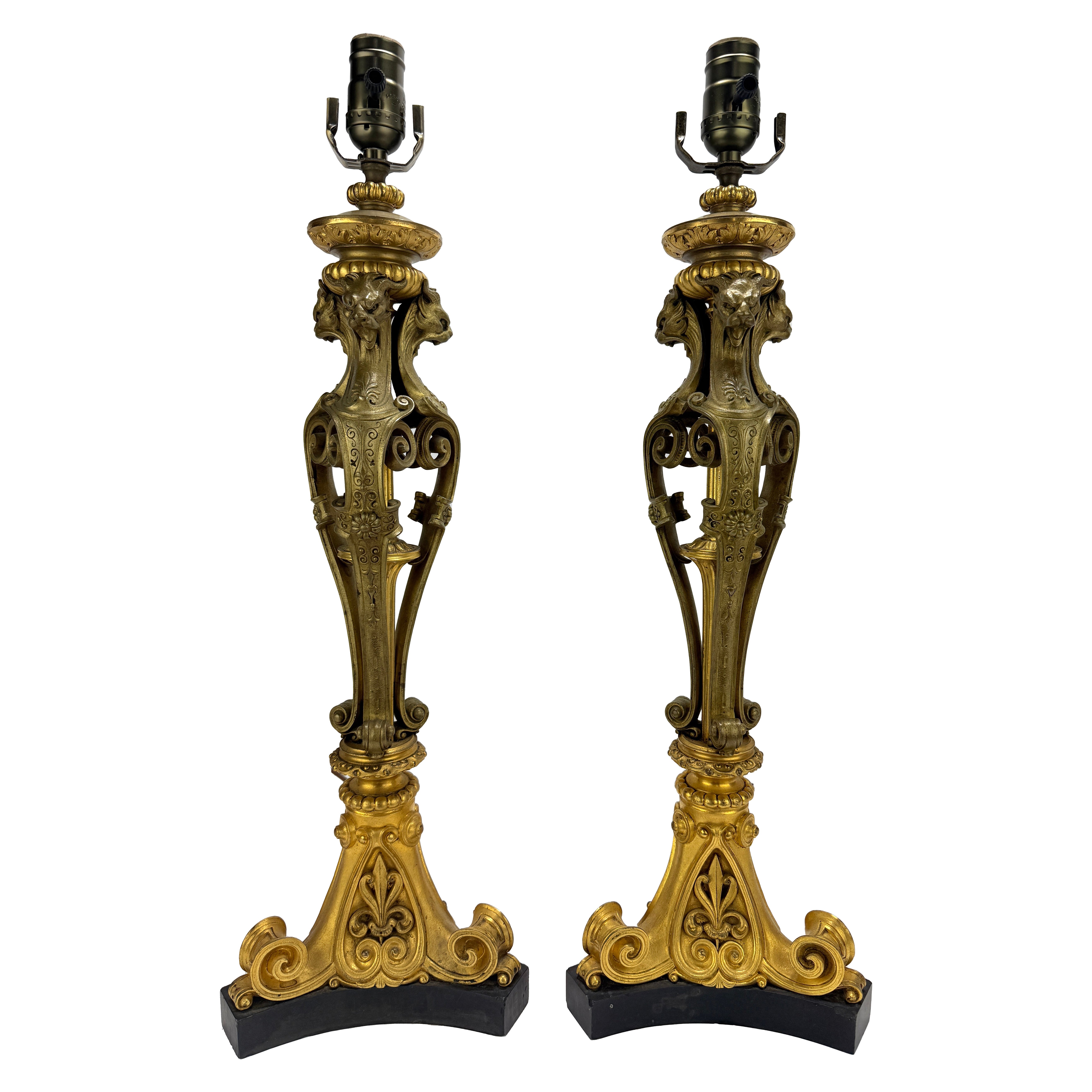 Neoclassical Parcel-Gilt and Patinated Bronze Tripod Zoomorphic Lamps C. 1900 For Sale