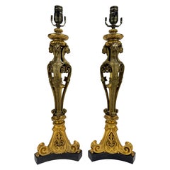 Neoclassical Parcel-Gilt and Patinated Bronze Tripod Zoomorphic Lamps C. 1900