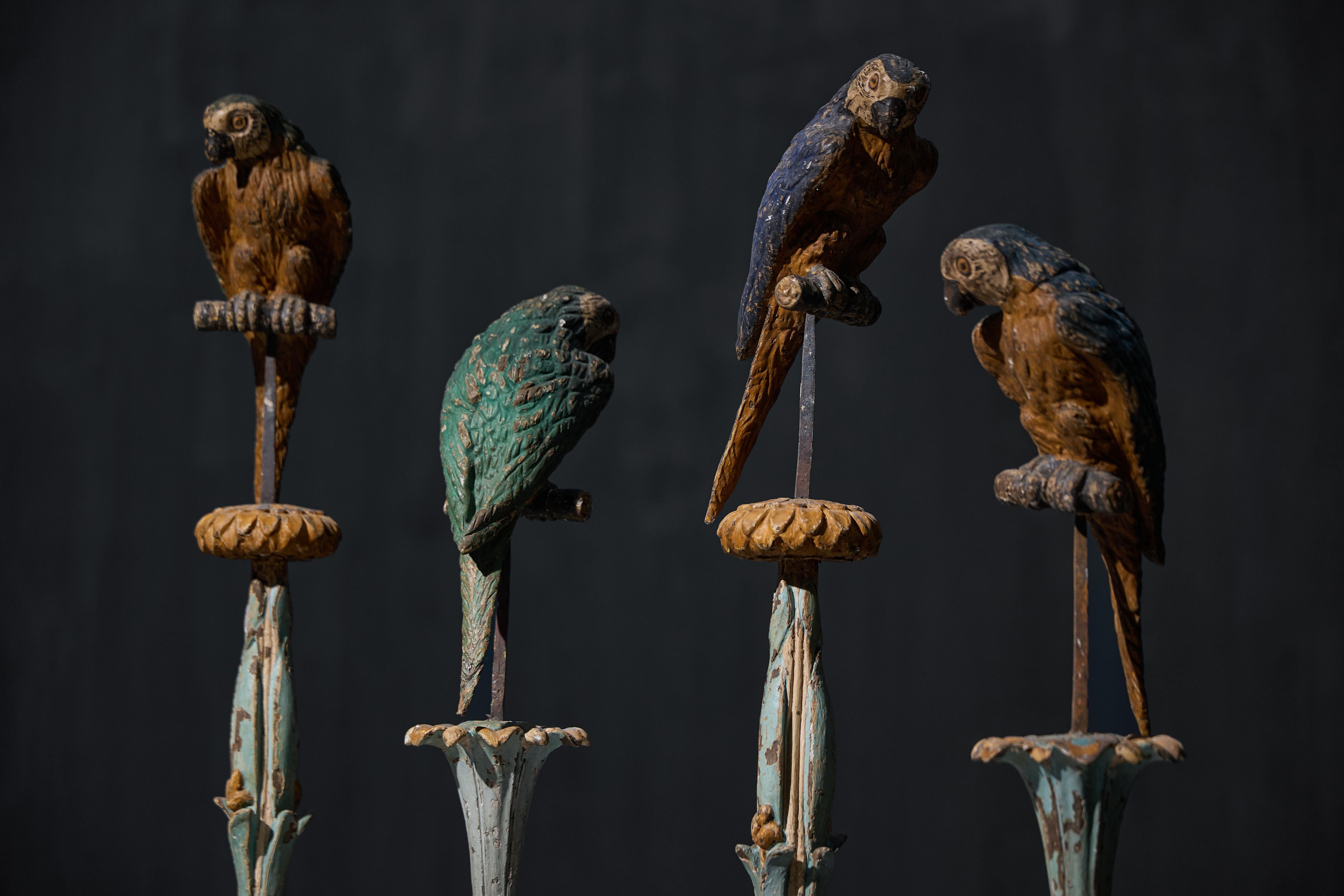 Queste sculture decorative italiane, probabilmente risalenti alla fine del XIX secolo, raffigurano ciascuna un pappagallo appollaiato in cima a un piedistallo decorato. Scolpiti in legno e rifiniti con superfici dipinte a mano, questi pezzi
