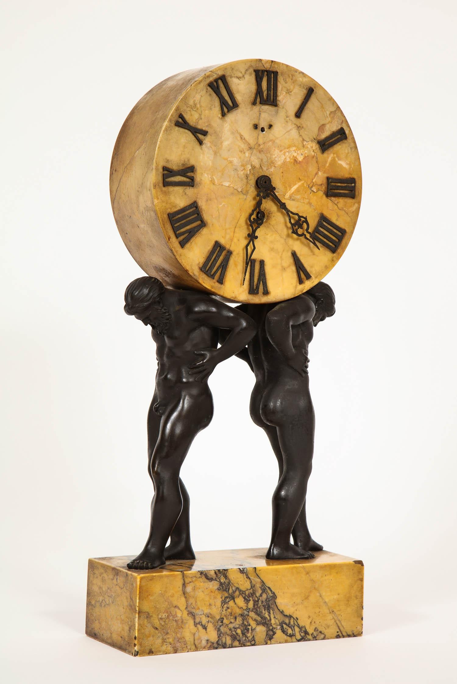 American Neoclassical Patinated Bronze and Sienna Marble Hercules Clock by E. F. Caldwell
