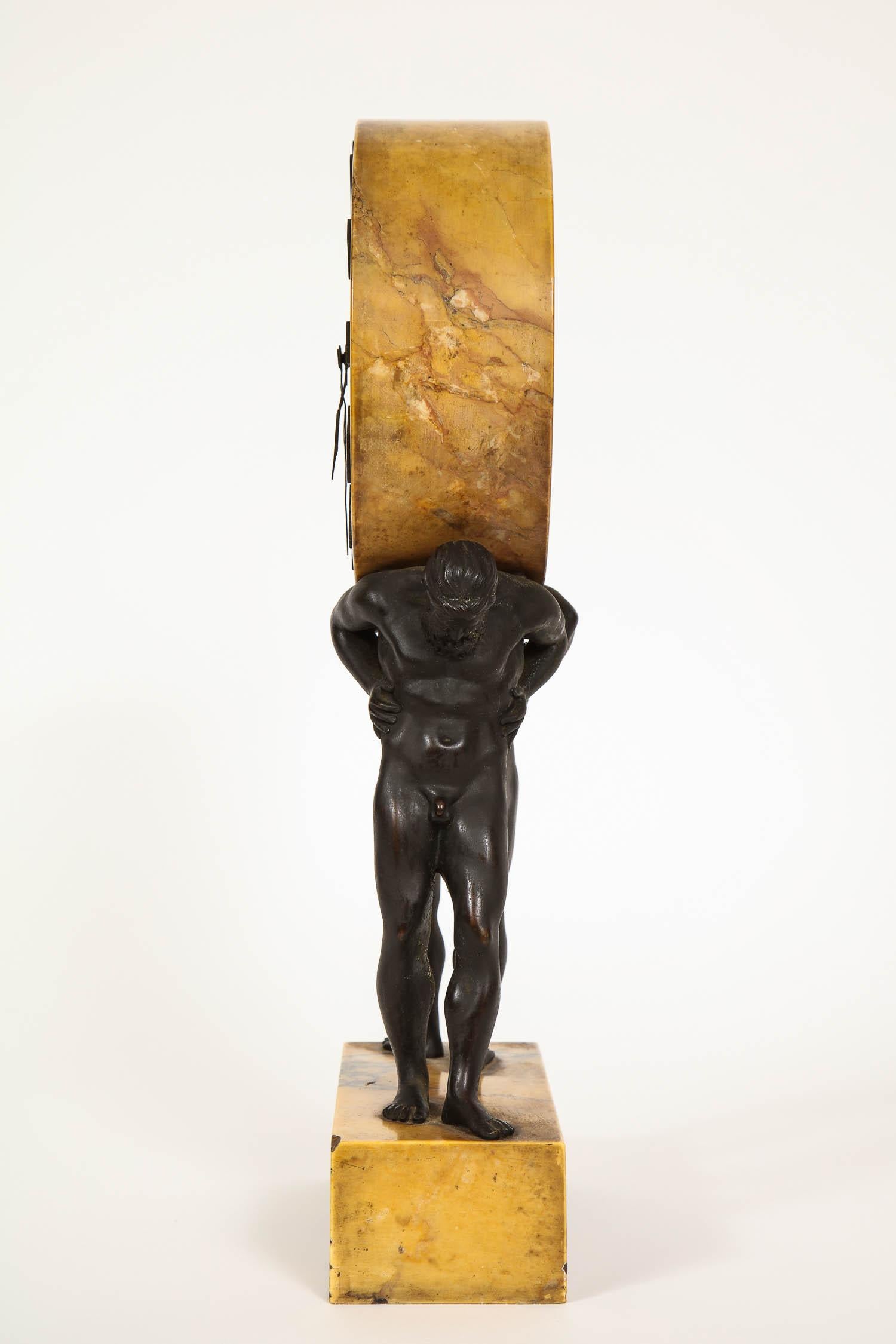 Early 20th Century Neoclassical Patinated Bronze and Sienna Marble Hercules Clock by E. F. Caldwell