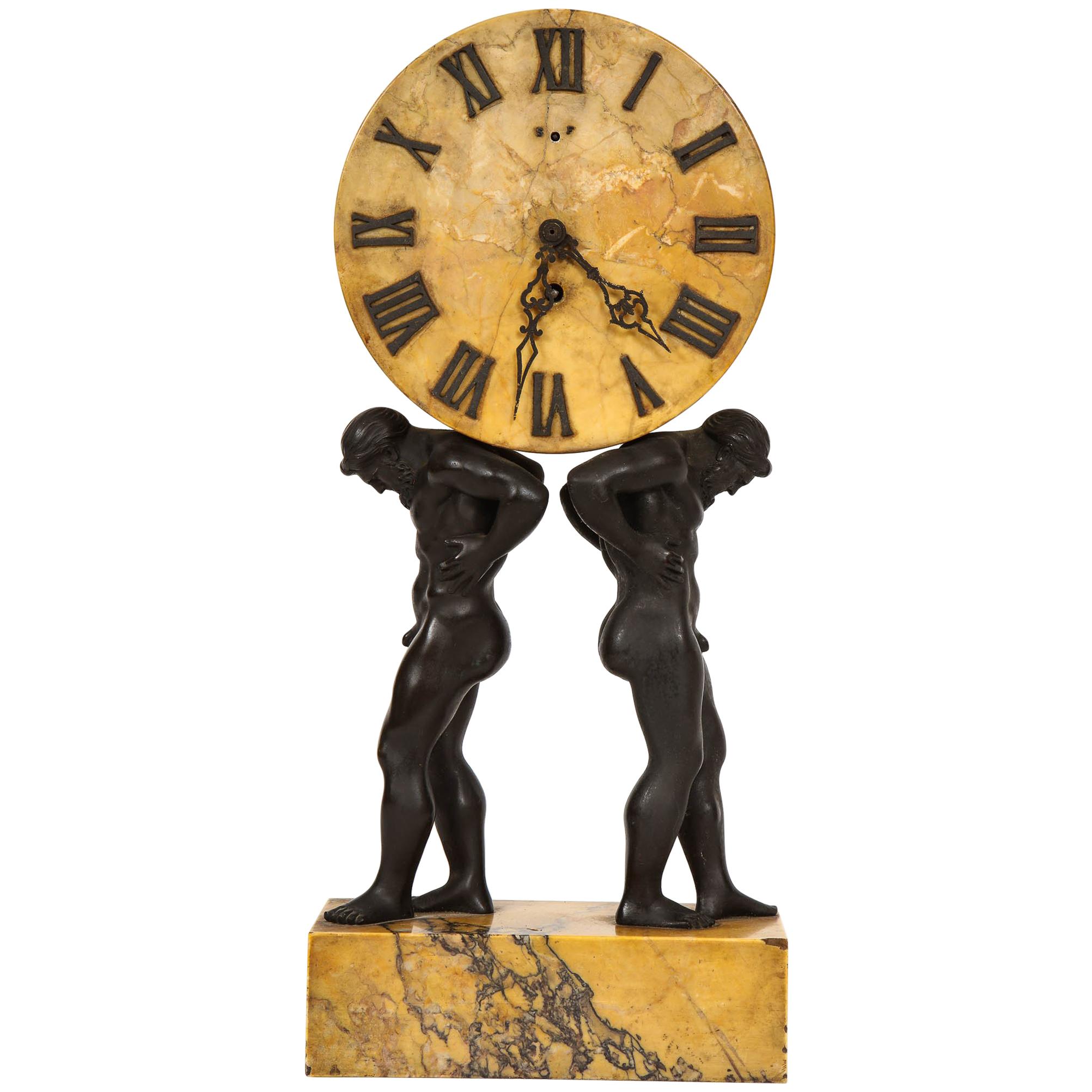 Neoclassical Patinated Bronze and Sienna Marble Hercules Clock by E. F. Caldwell