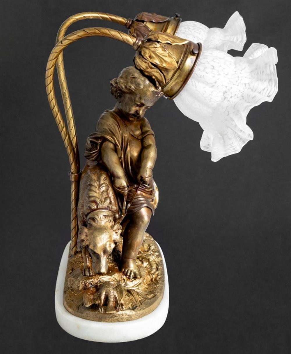 After Auguste Joseph Peiffer (French, 1832-1886) Patinated Bronze Figural Two Branch Table Lamp, late 19th century, depicting a cherub restraining a retriever from a partridge, two scrolled branches with flecked glass shades, on an oval marble base.
