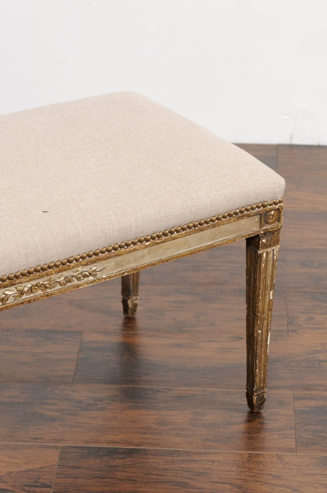 19th Century Neoclassical Period Italian Painted Bench with Tapered Fluted Legs, circa 1810