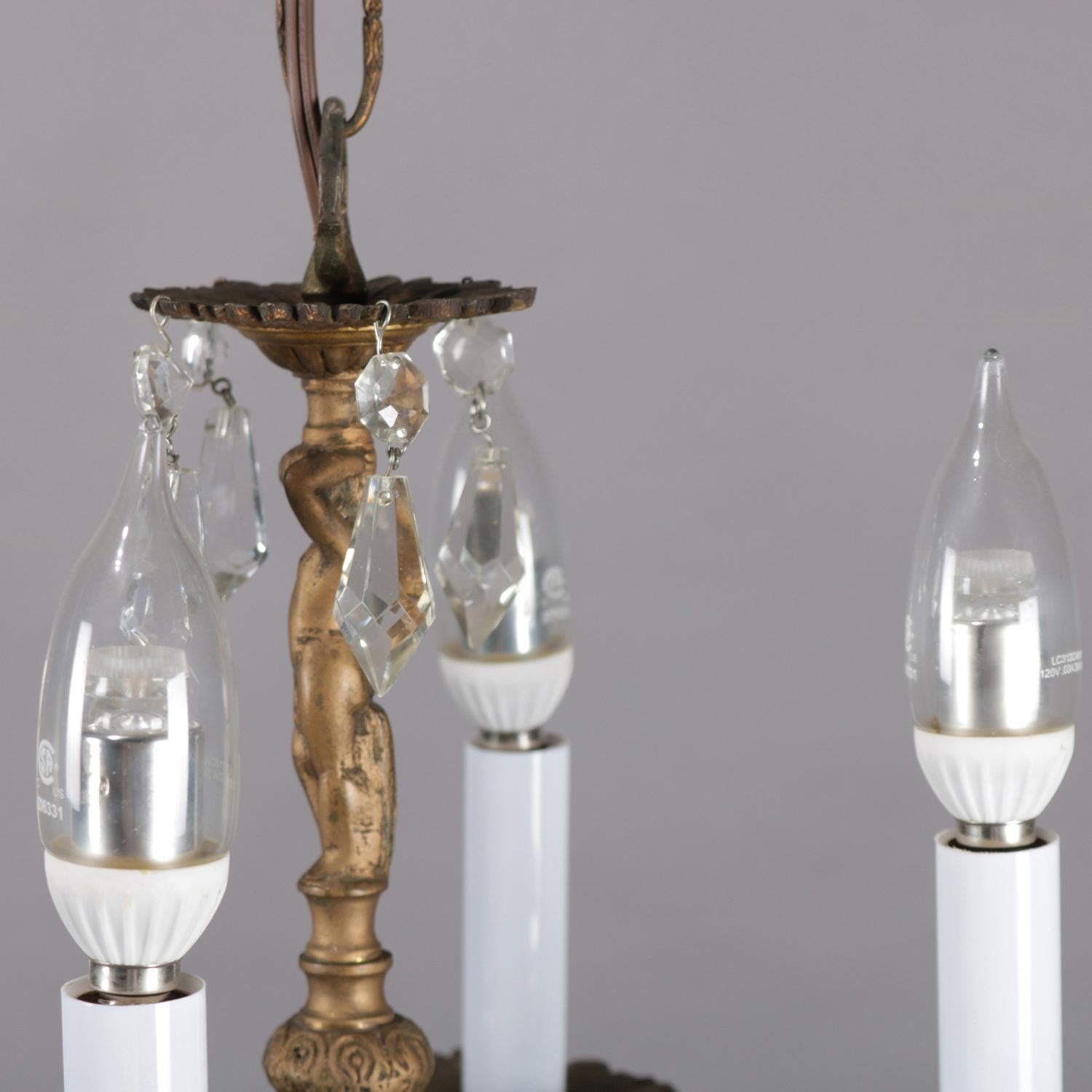 20th Century Neoclassical Petite Bronzed Metal Figural Cherub 4-Light Hall Chandelier