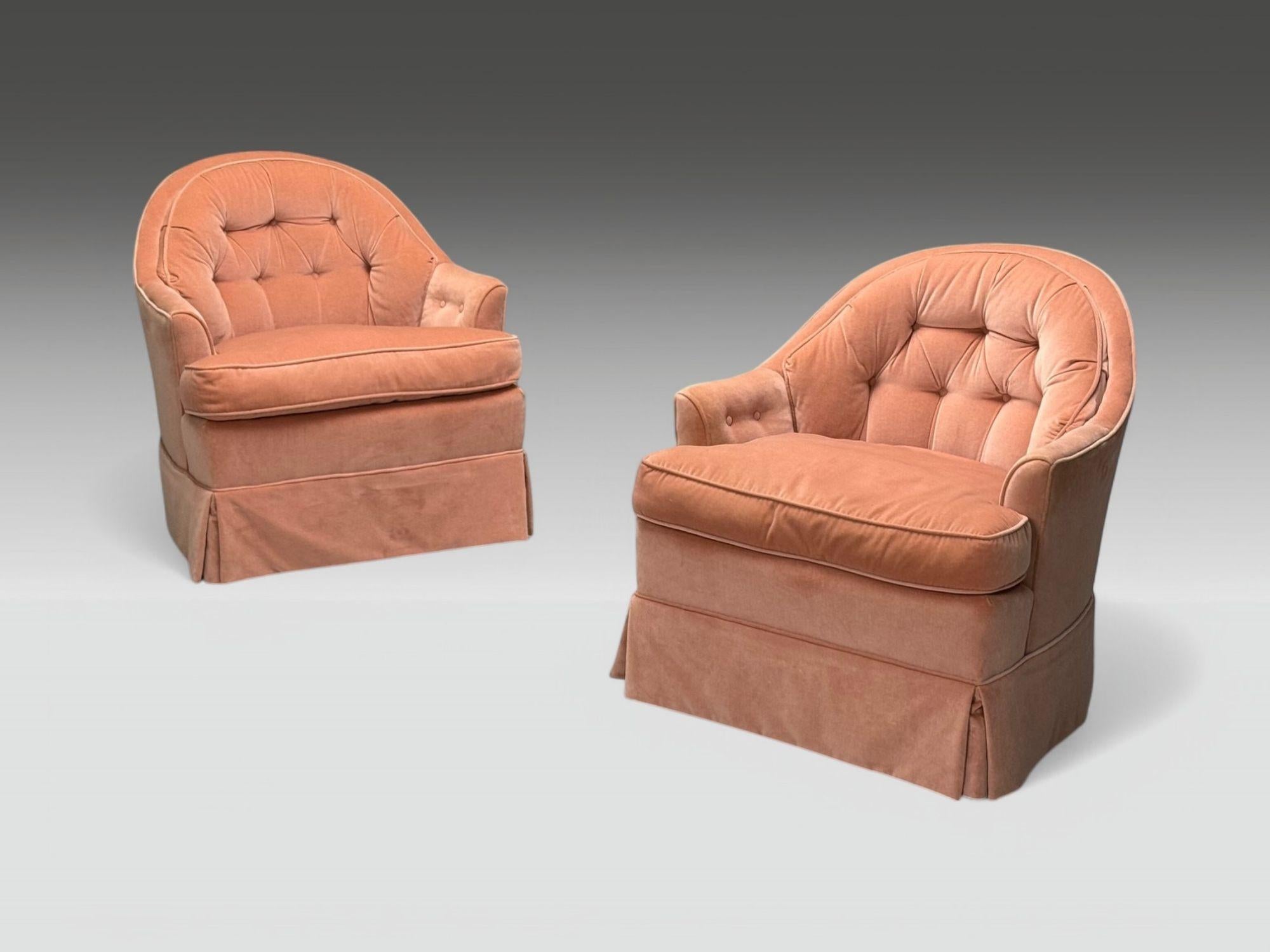 Neoclassical, Pink Mohair, Stained Wood, Traditional Lounge Chairs, USA, 1970s

Pair of custom quality tufted back traditional lounge chairs in pink mohair likely produced by Drexel Furniture for Heritage in the later half of the 20th