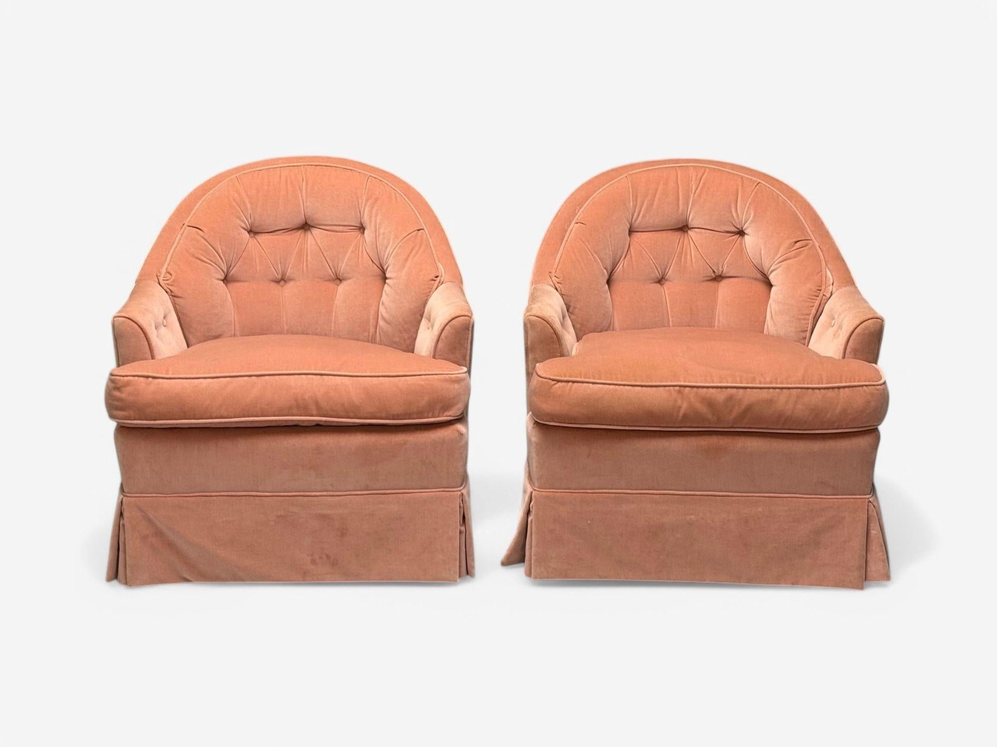 American Neoclassical, Pink Mohair, Stained Wood, Traditional Lounge Chairs, USA, 1970s