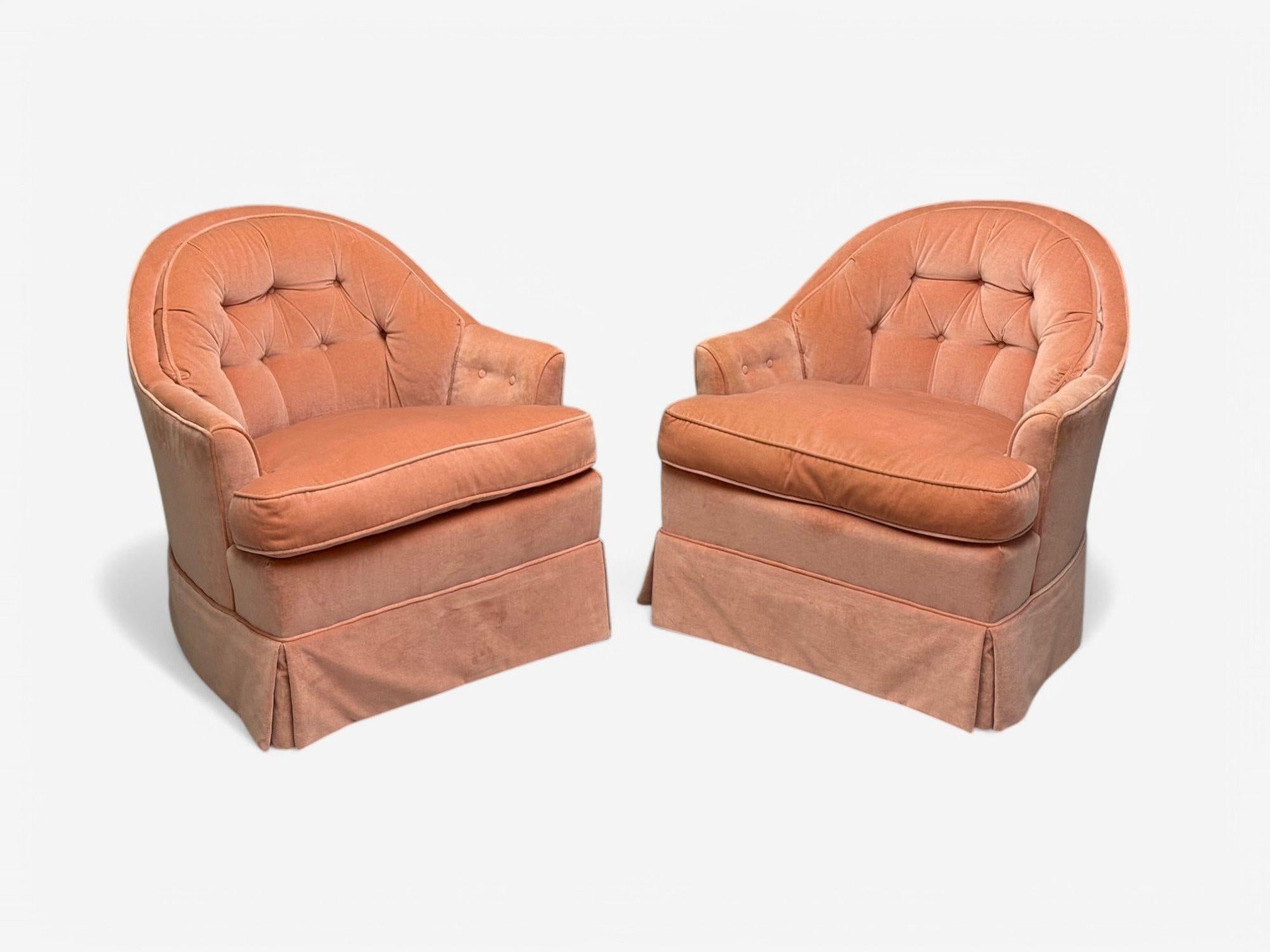 Velvet Neoclassical, Pink Mohair, Stained Wood, Traditional Lounge Chairs, USA, 1970s