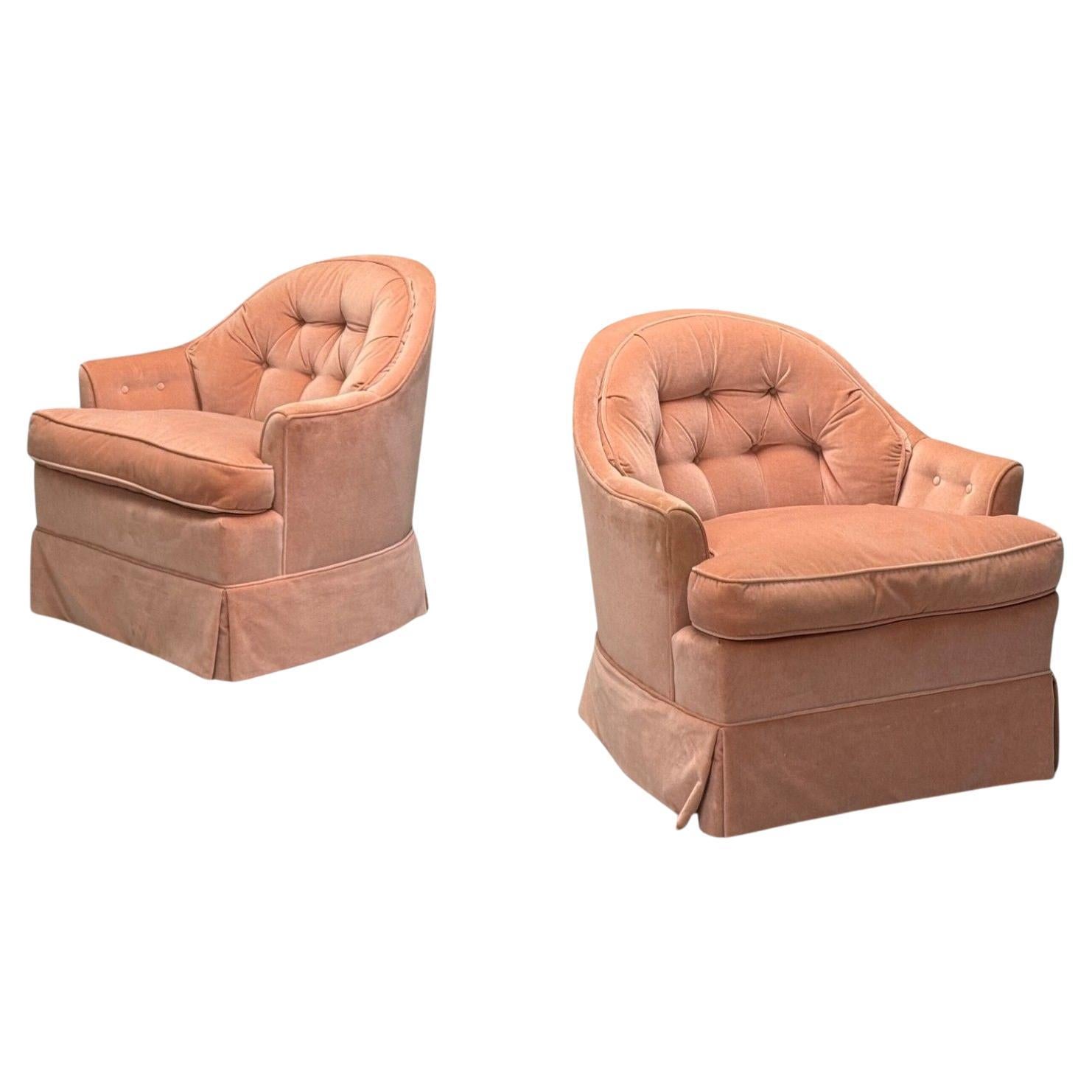 Neoclassical, Pink Mohair, Stained Wood, Traditional Lounge Chairs, USA, 1970s