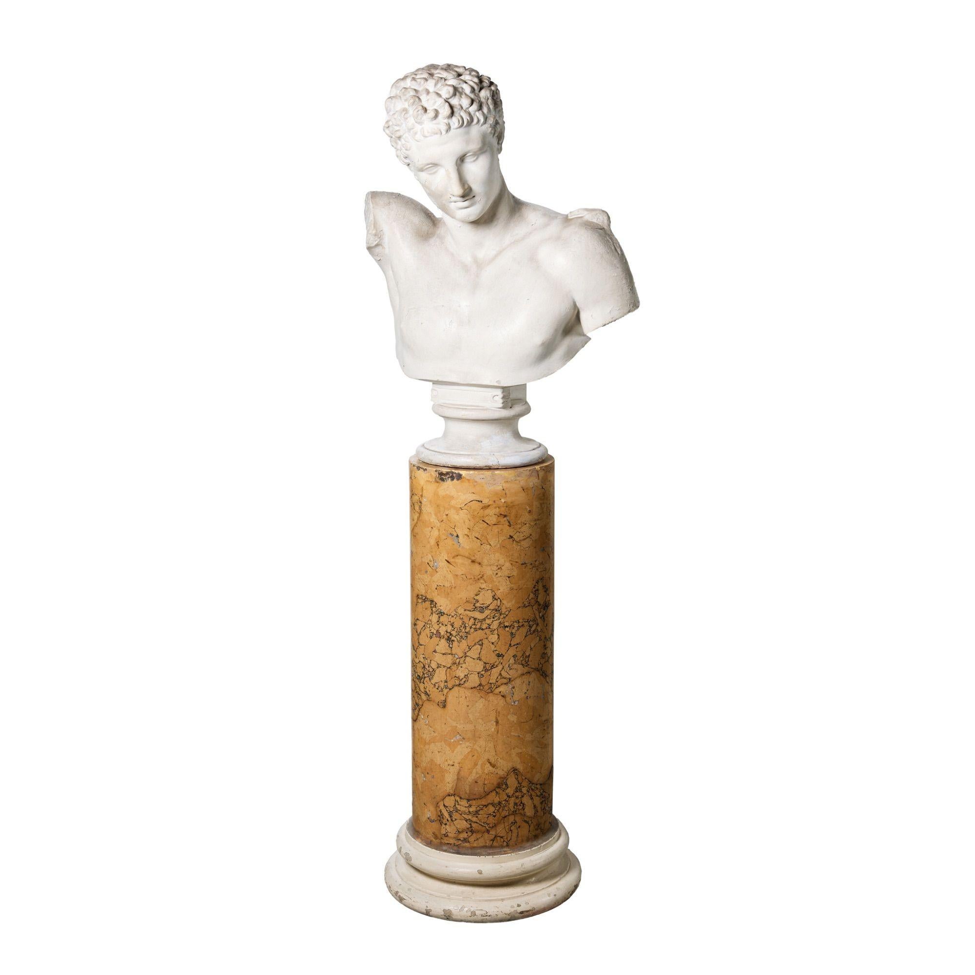 Neoclassical Plaster Bust of Hermes on Scagliola Column In Fair Condition For Sale In Wormelow, Herefordshire