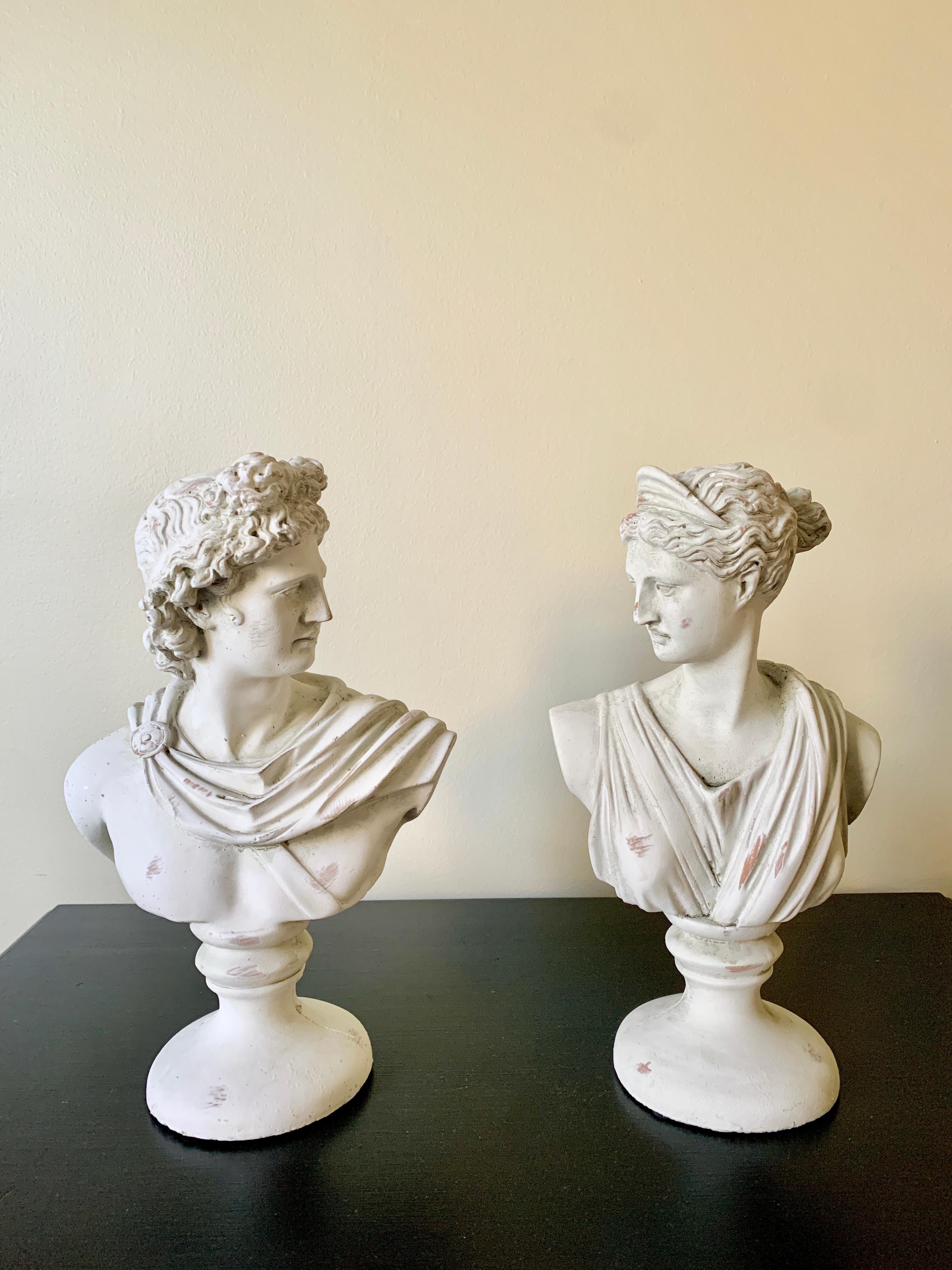 A gorgeous pair of cast plaster Neoclassical Grand Tour style male and female head busts of Diana and Apollo Belvedere god and goddess sculptures

USA, 21st Century

Measures: 8