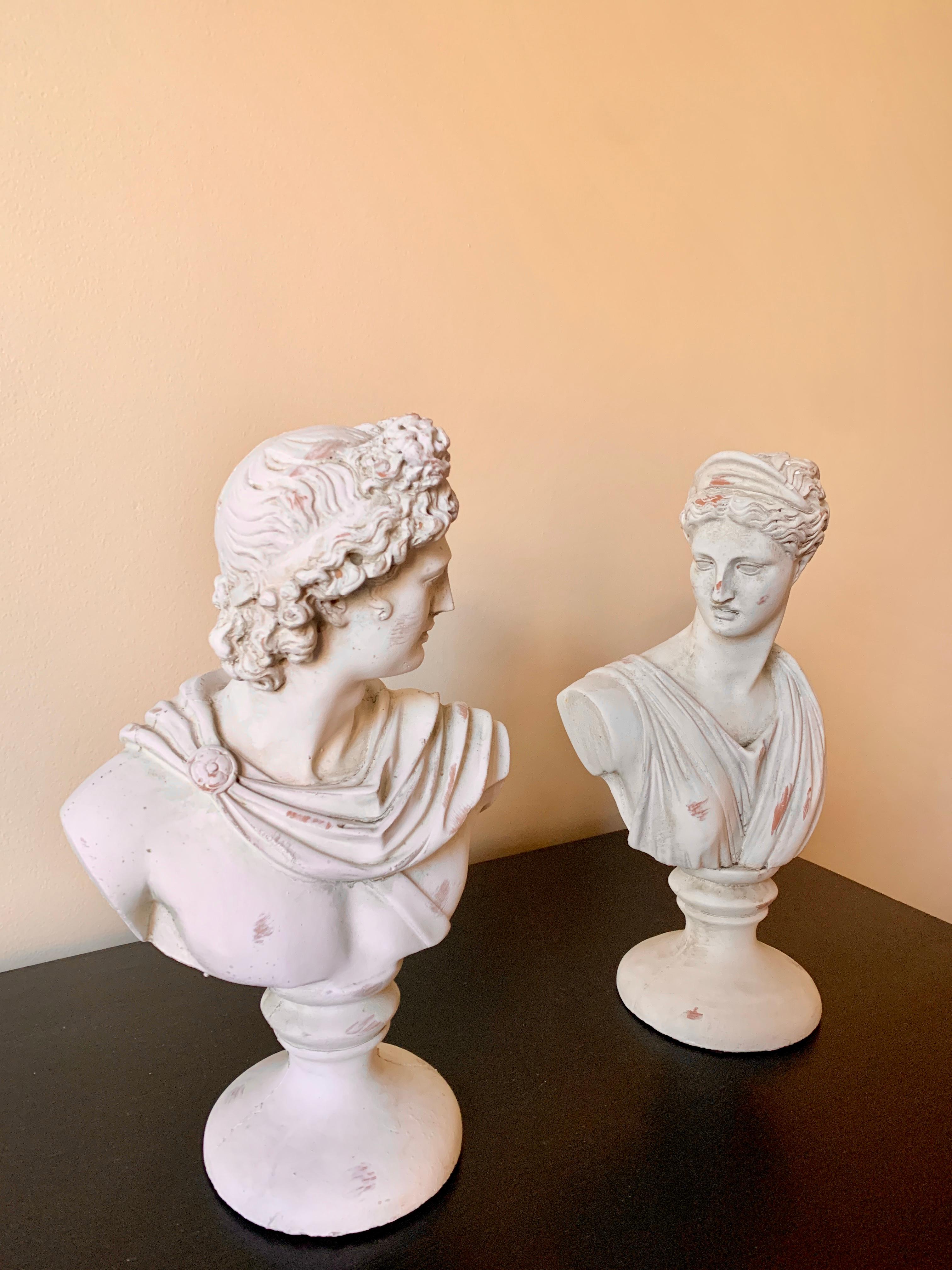 Neoclassical Plaster Busts of Diana and Apollo Belvedere Sculptures, Pair In Good Condition For Sale In Elkhart, IN