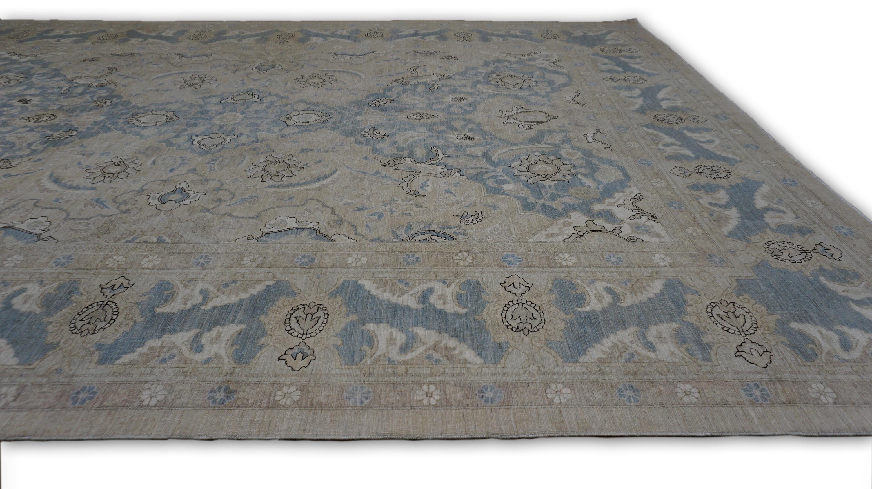 Alfombra Neoclásica Polinesia Tan Azul Lana 9'10''x13'6'' Pakistaní en venta