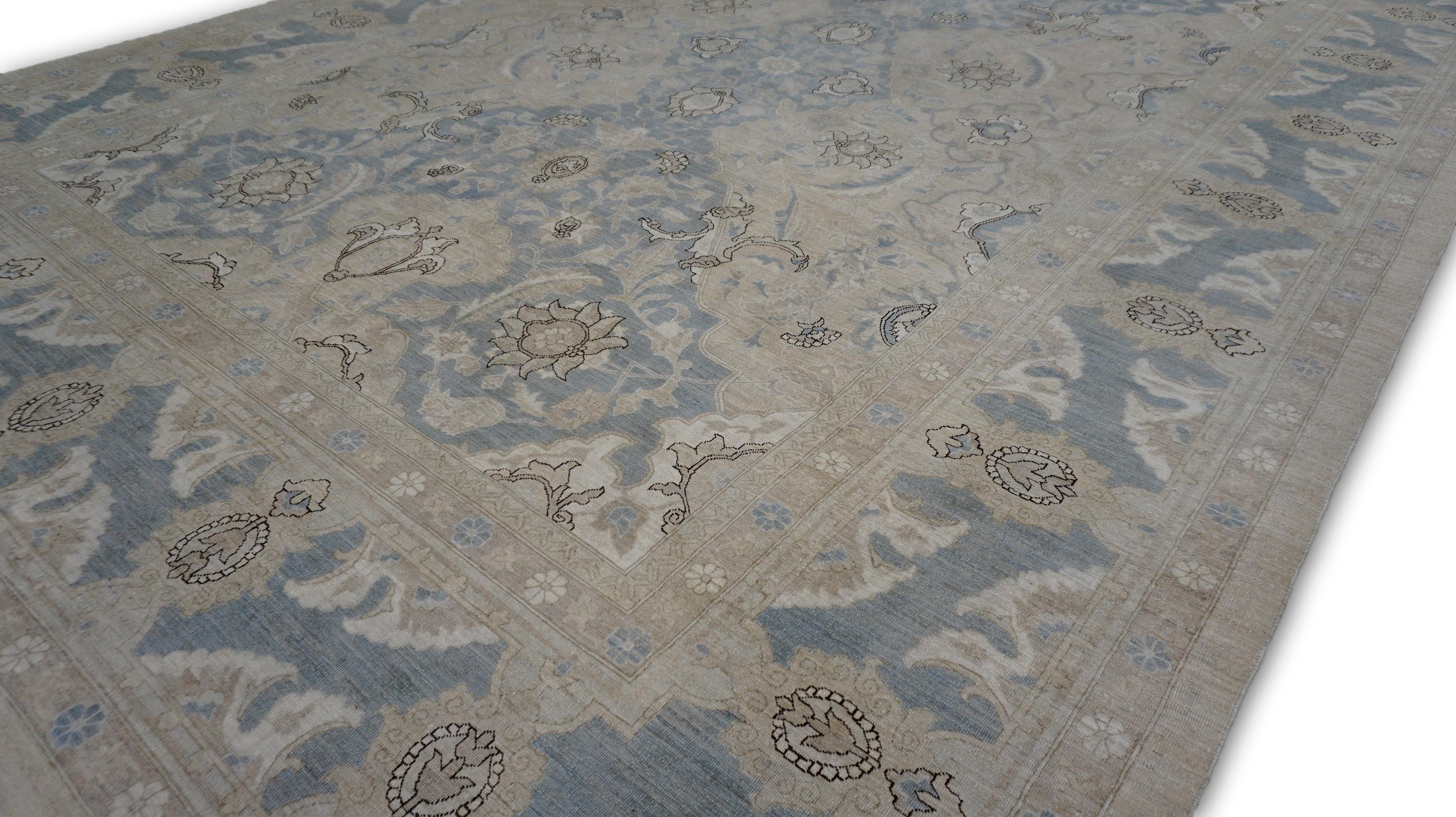 Alfombra Neoclásica Polinesia Tan Azul Lana 9'10''x13'6'' Anudado a mano en venta
