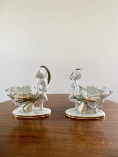 Neoclassical Porcelain Compotes With Putti & Gold Gilt Greek Key Border, Pair