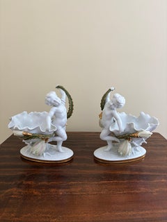 Neoclassical Porcelain Compotes With Putti & Gold Gilt Greek Key Border, Pair
